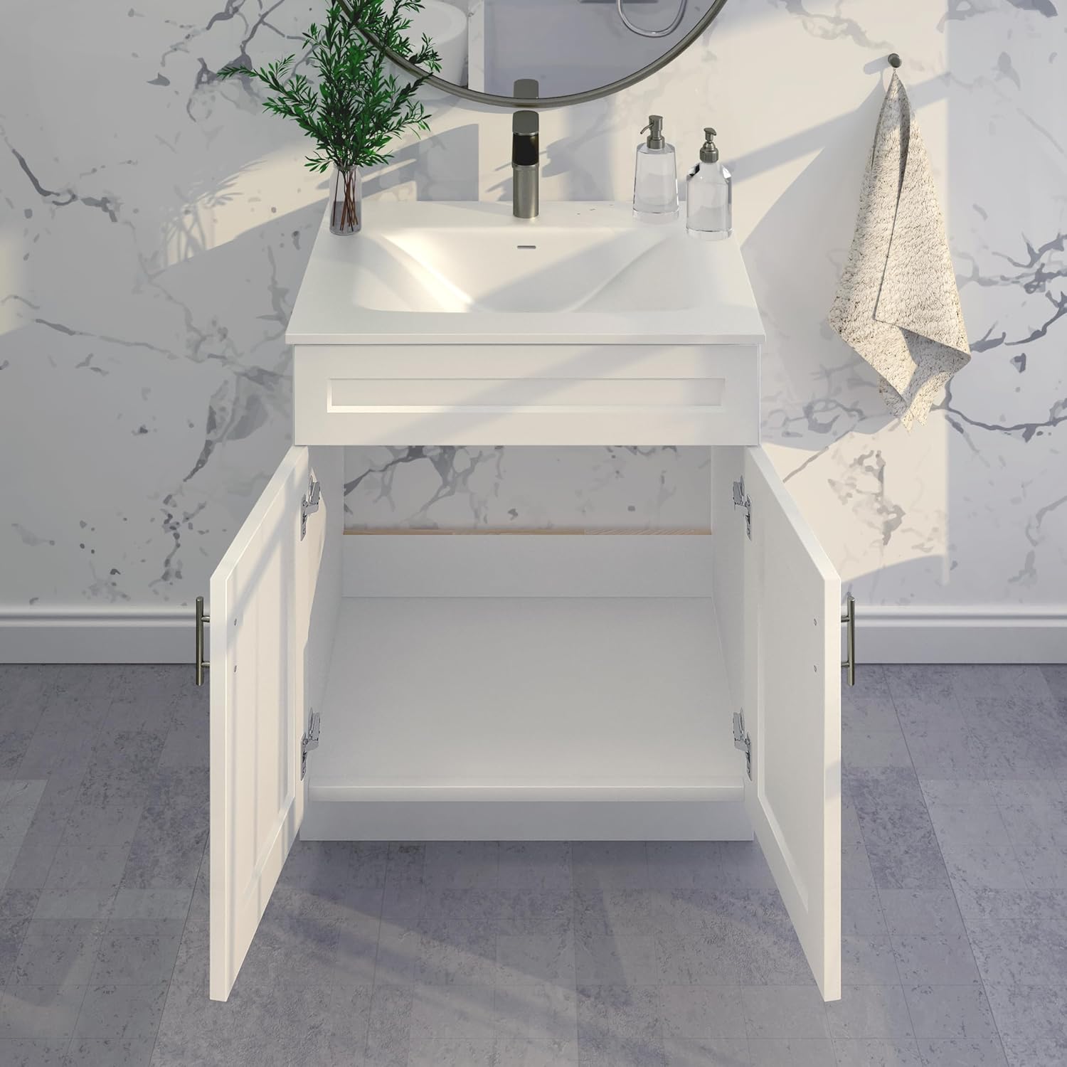 Lavabo de baño blanco con base de coctelera de 24″30″36″ de ancho, armario listo para montar (30″ de ancho)