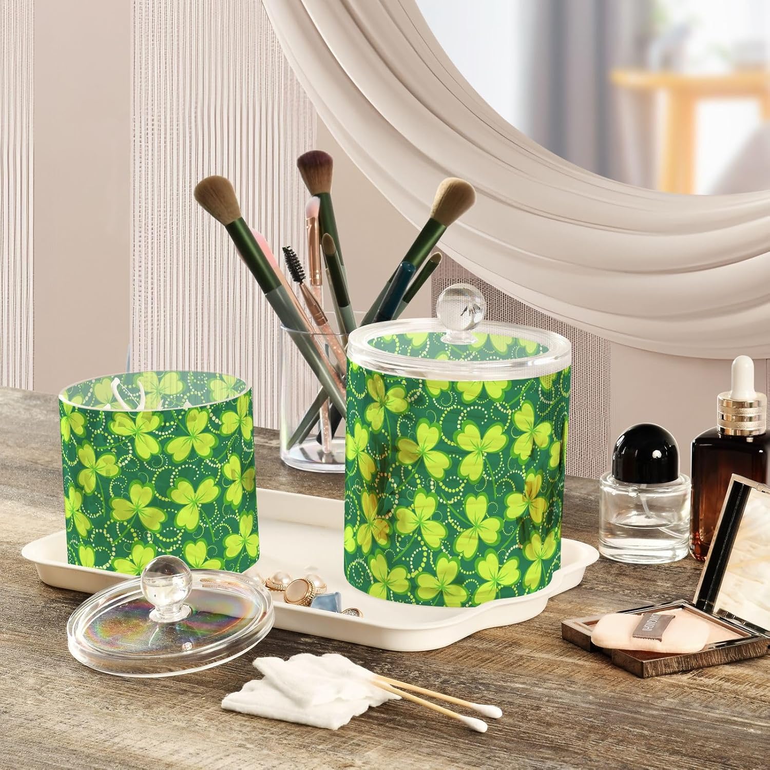 St Patricks Day Jars with Lids Plastic Jars Bathroom Containers Canister Jar Cotton Swab Dispenser for Dorm Room Essentials for College Students
