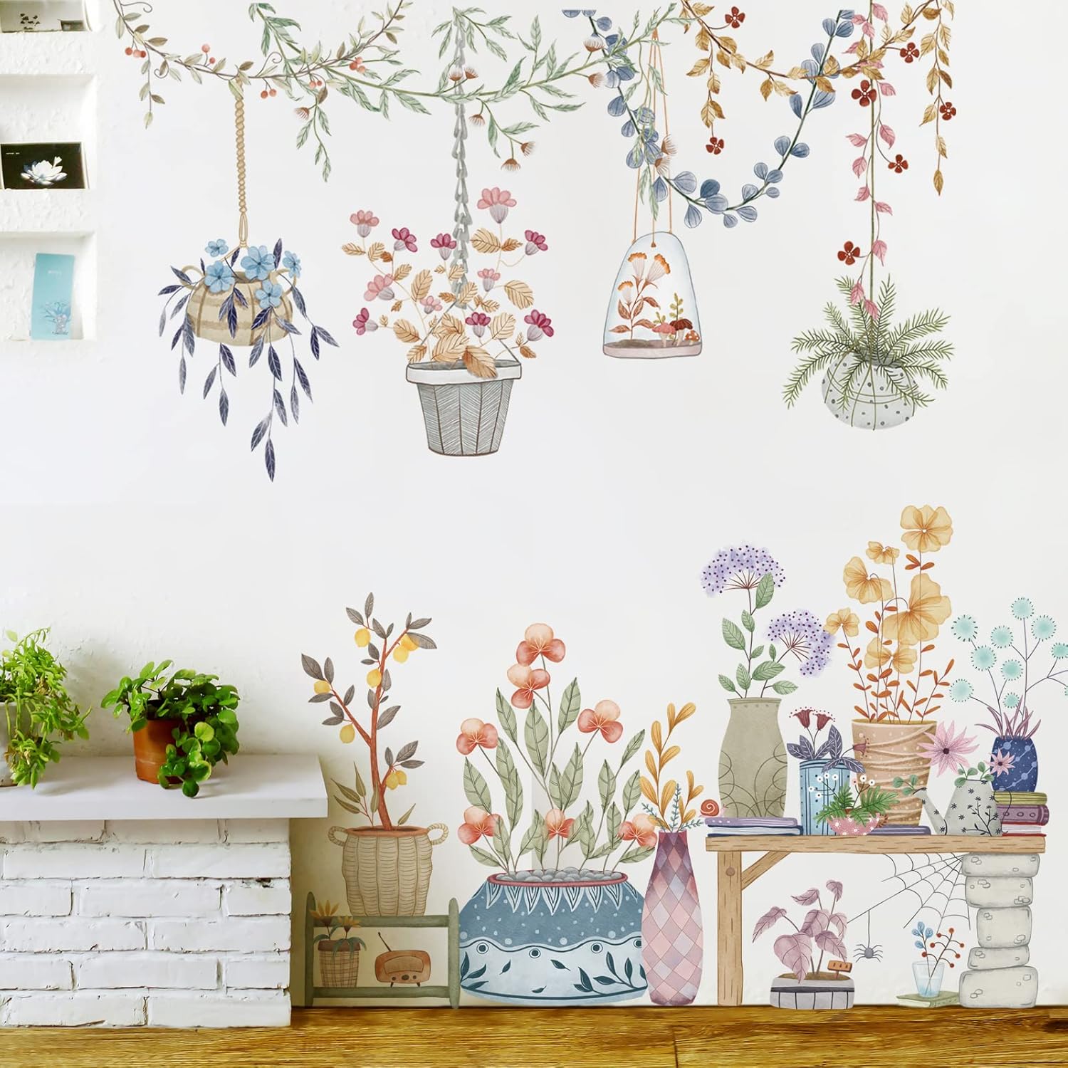Calcomanías de pared extraíbles para colgar en macetas, calcomanías de pared de plantas coloridas, calcomanías de pared con colgante floral de