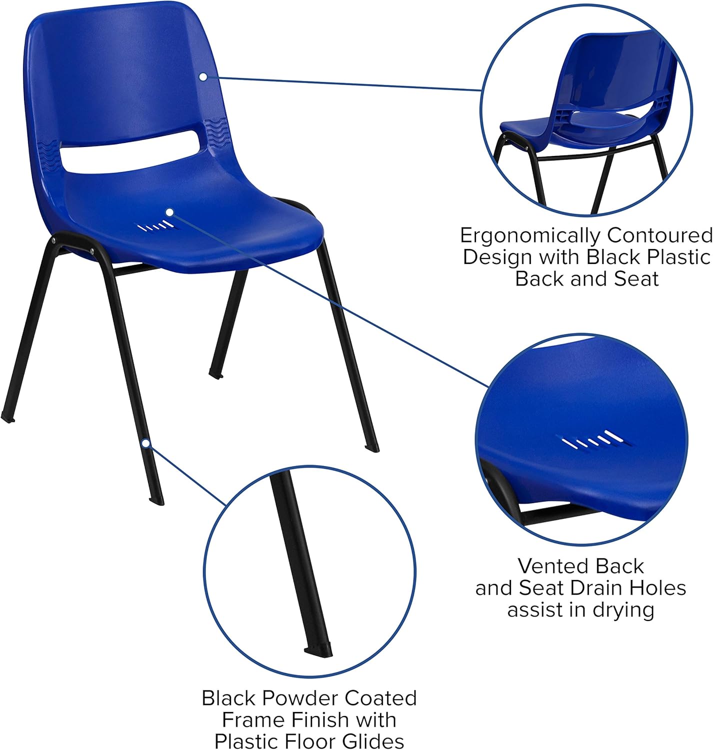 BizChair Silla apilable ergonómica azul marino para niños, marco negro y asiento de 14 pulgadas de alto