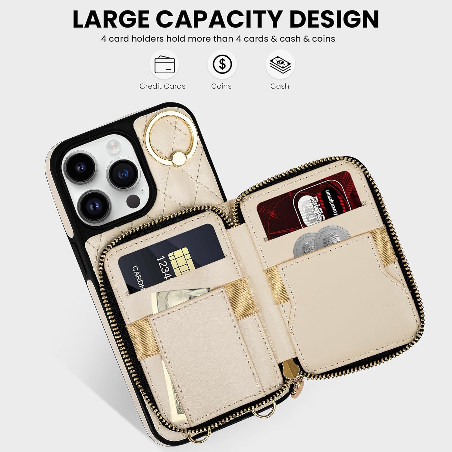 Keallce Funda para iPhone 14 Pro Max de 6.7 pulgadas, cartera cruzada con cremallera para mujer, tarjetero con bloqueo RFID, soporte de cuero con