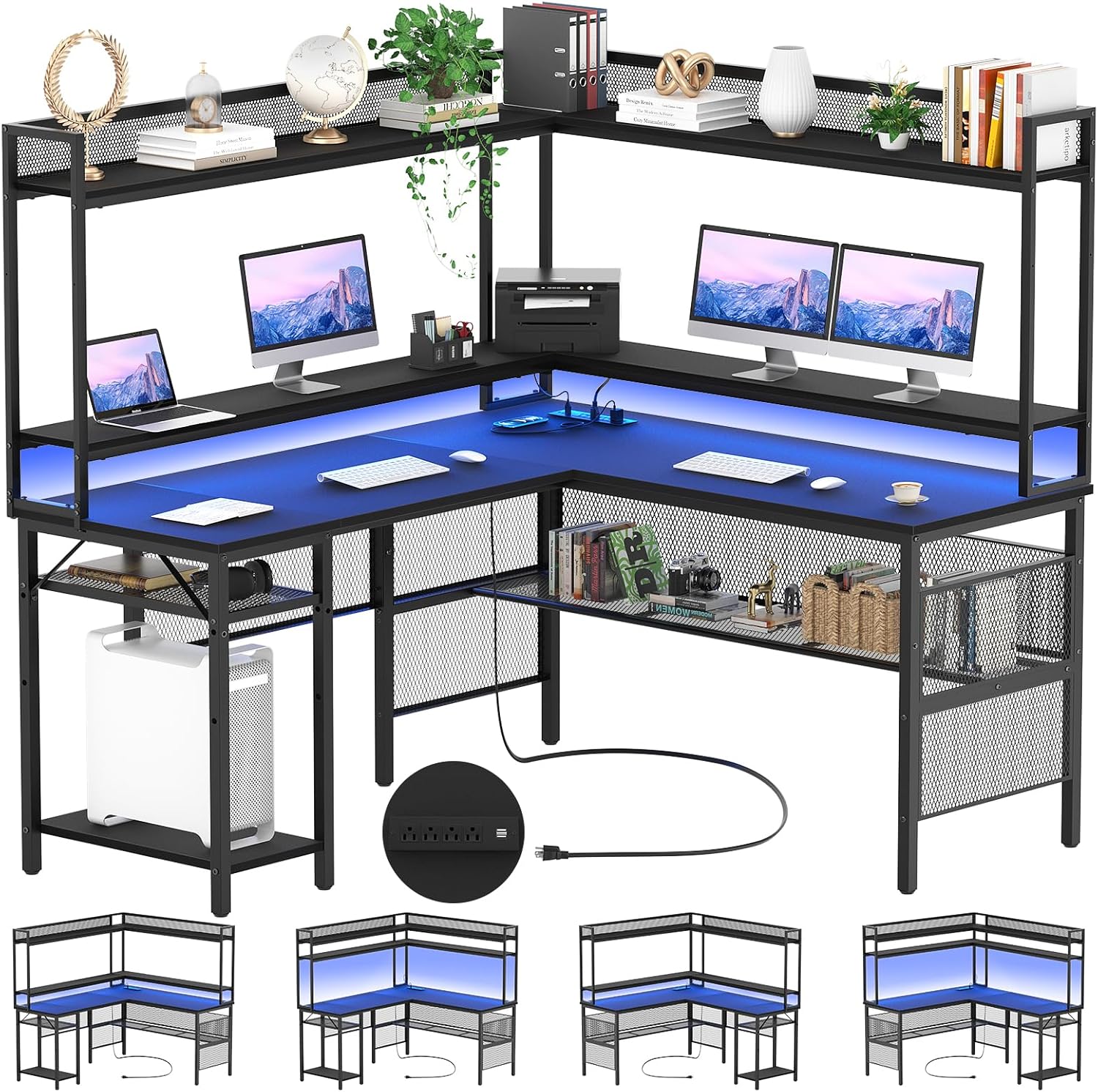 Unikito Escritorio para juegos en forma de L con luz LED, escritorio reversible para computadora con estantes de almacenamiento y soporte para