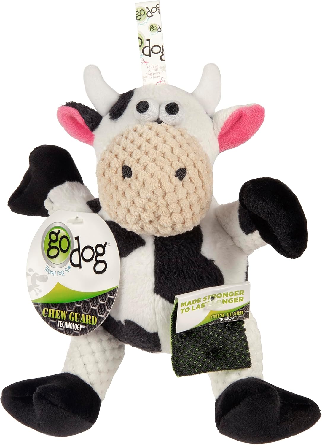 goDog Juguete chirriante de peluche para perro de vaca sentada, tecnología Chew Guard, color blanco, pequeño