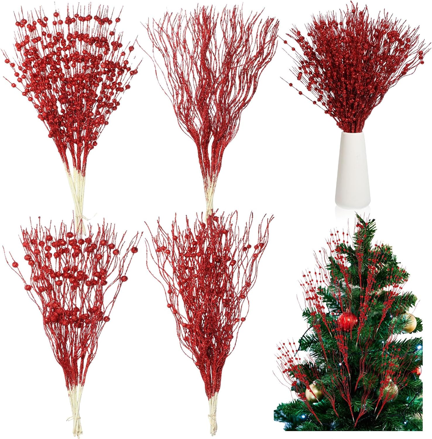 36 tallos de bayas artificiales con purpurina de 17 pulgadas, 15 pulgadas, 4 estilos, ramas grandes con purpurina para árbol de Navidad, corona de