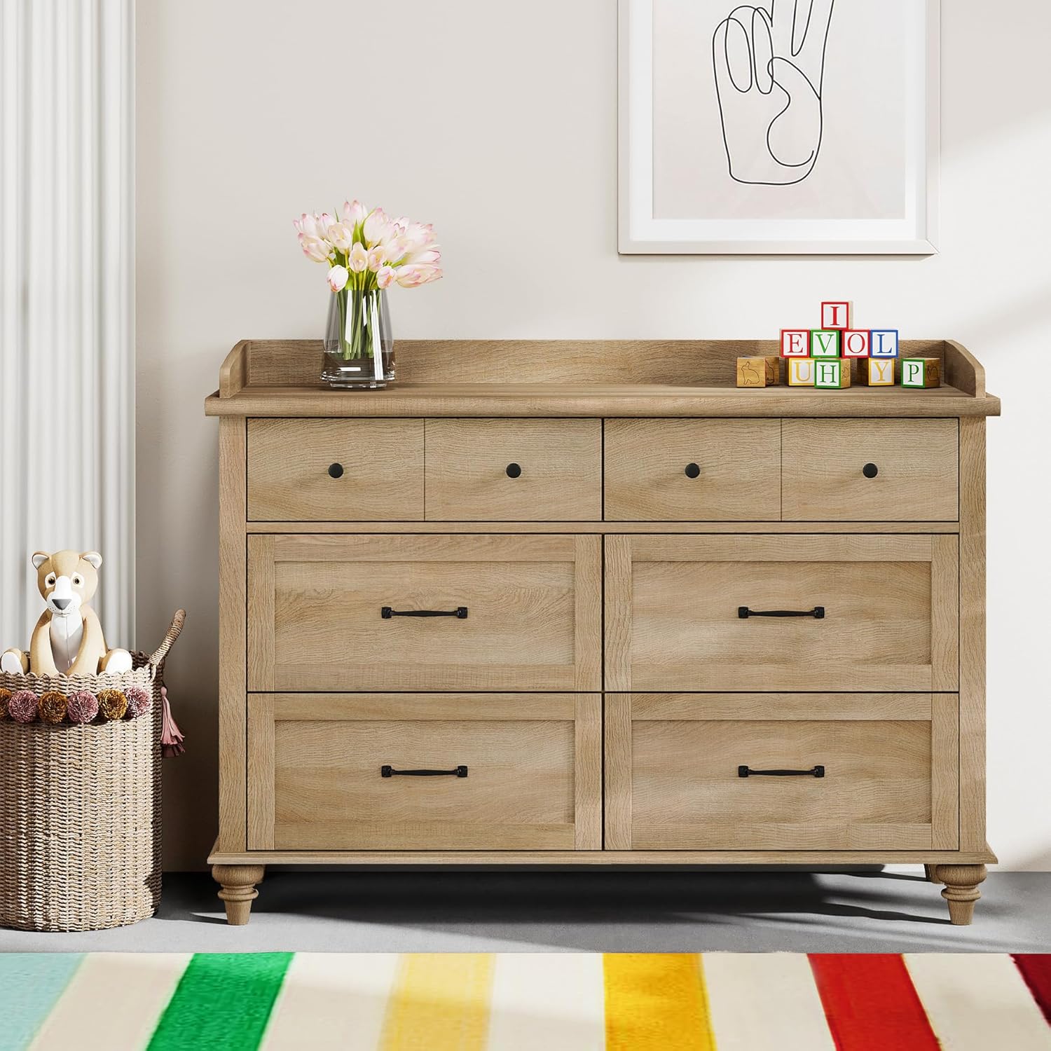 WAMPAT Cómoda para dormitorio con 6 cajones, cómoda de roble para bebé con cómoda ancha, organizador moderno de almacenamiento de armario para