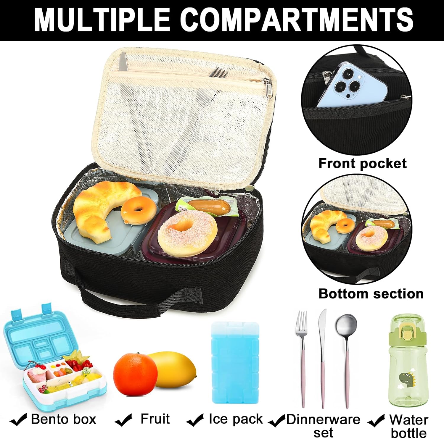 Bluboon Lonchera con aislamiento para niños y niñas, para la escuela, lonchera de pana, organizadora, bolsa de almuerzo para niños y niñas (pana