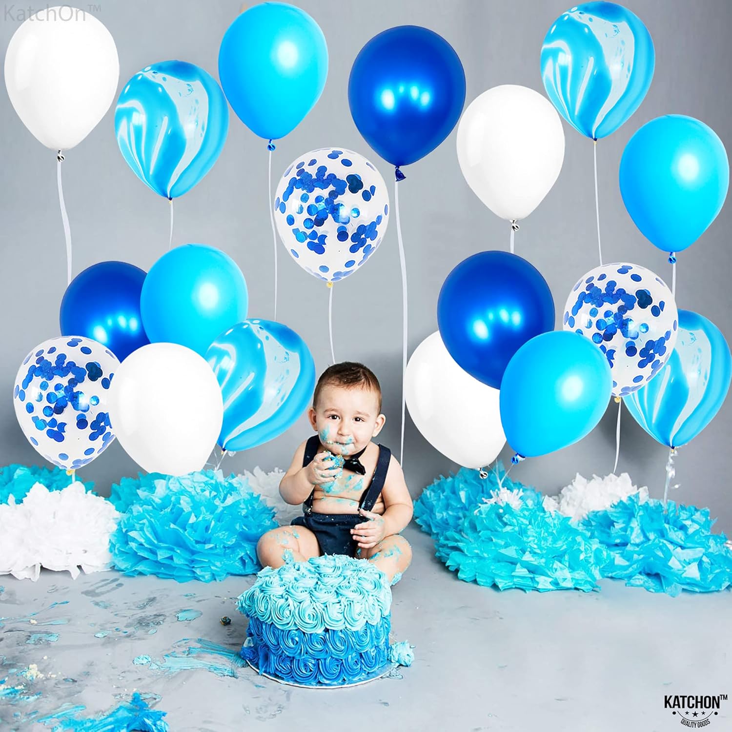 KatchOn, Shades of Blue – Juego de 50 globos de mármol azul para decoraciones de fiesta azul, globos de confeti azul, globos bajo el mar, globos de