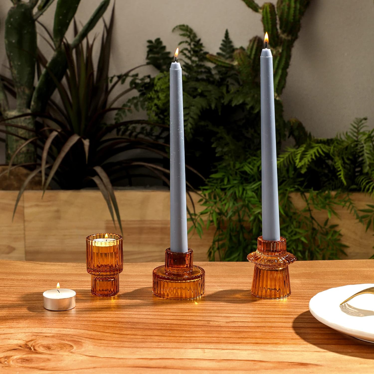 Lysenn Portavelas de vidrio ámbar para velas de pilar, velas cónicas, velas de candelita  Portavelas multiusos premium  Se adapta a velas de 78