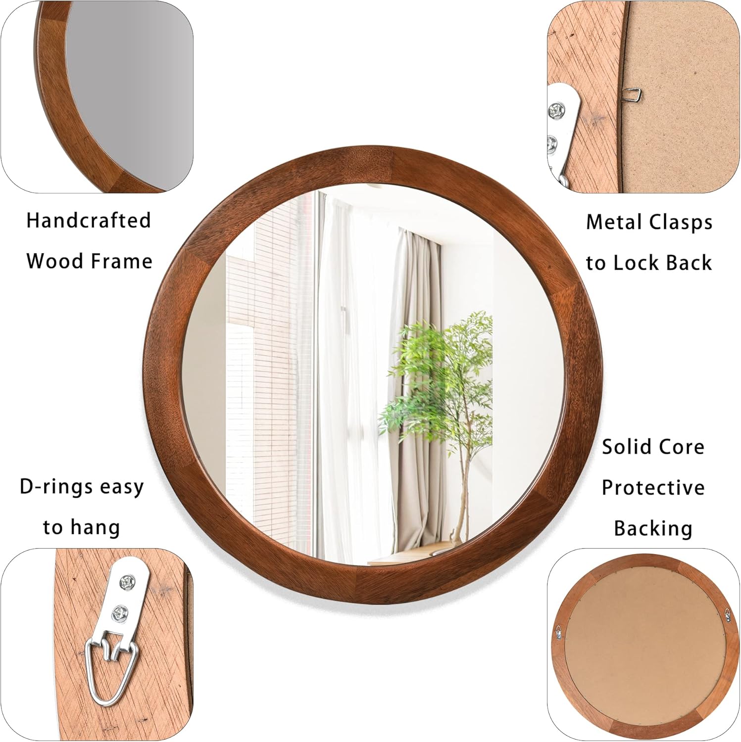 Espejo redondo de 36 pulgadas, espejo de pared templado de madera rústica para baño con marco de nogal, espejo circular de madera de granja para