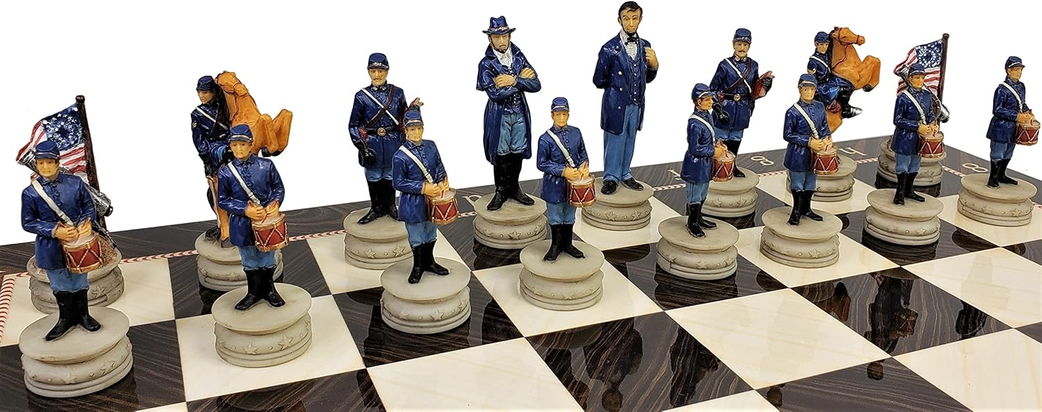 Juego de ajedrez pintado de generales de la guerra civil estadounidense con tablero de elegancia de 17 pulgadas