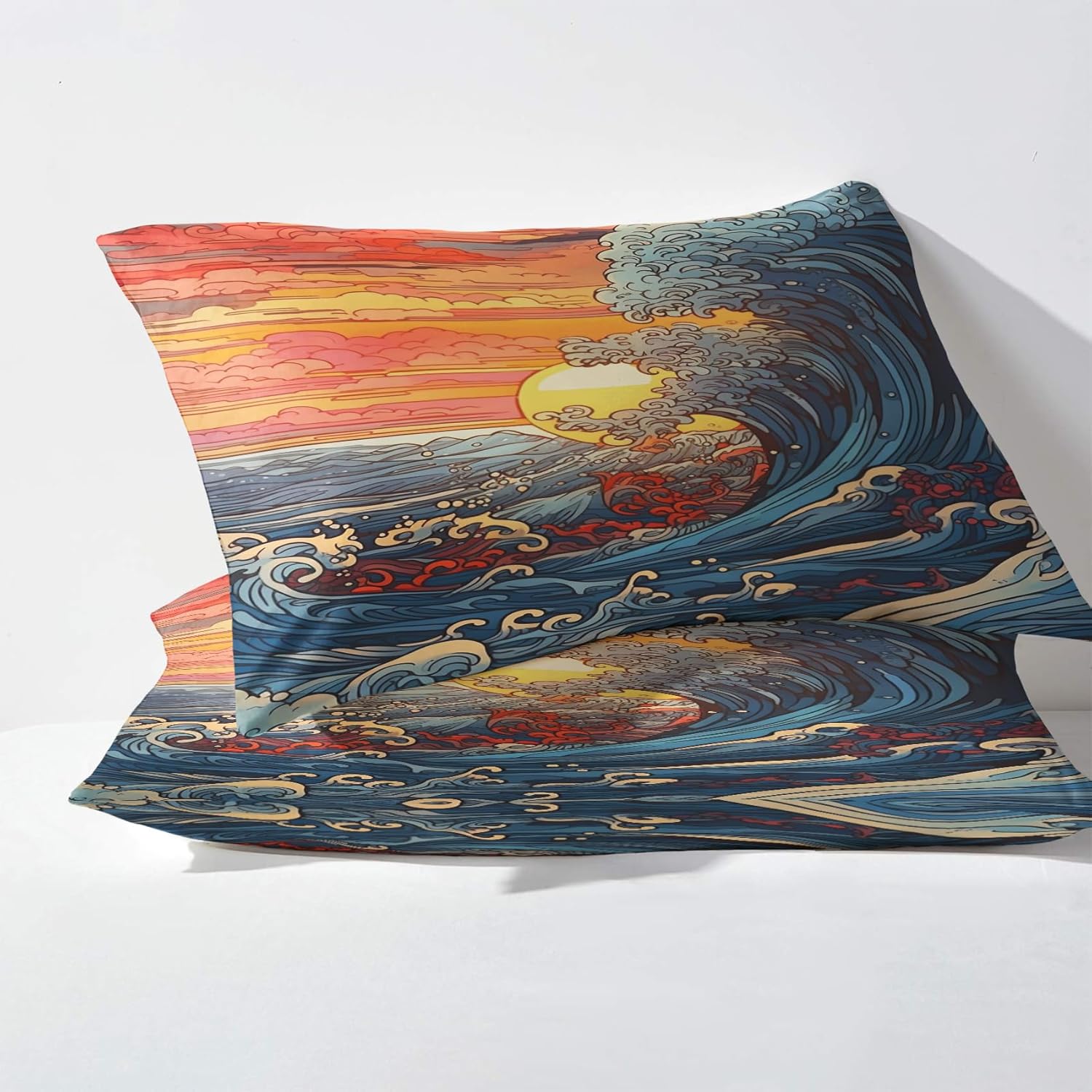 Waves Sábanas tamaño Queen, sábanas de cama con diseño de atardecer, juego de sábanas y fundas de almohada de 4 piezas, sábana bajera ajustable de