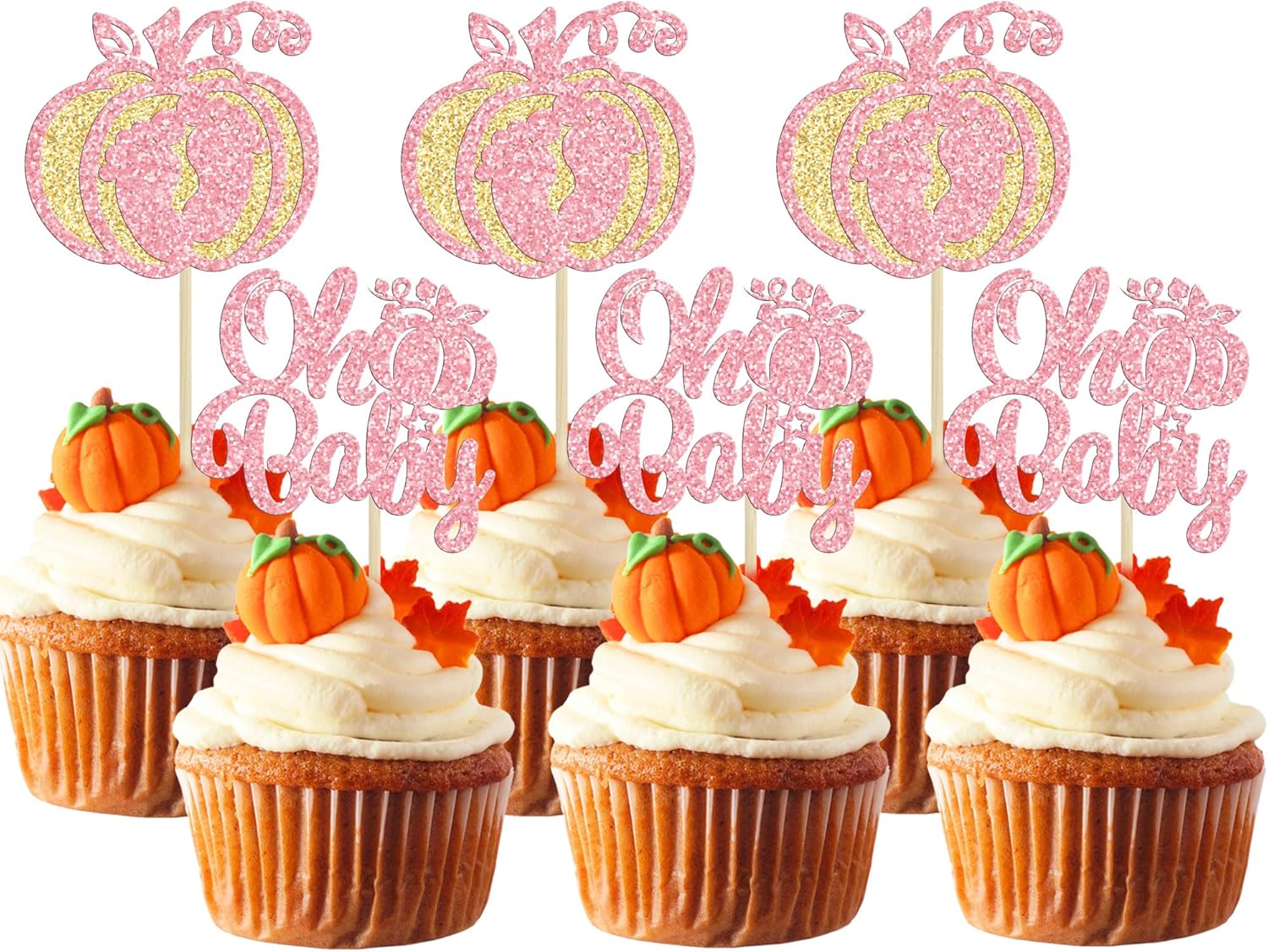 Gyufise 24 adornos para cupcakes de calabaza rosa, decoración de pastel de baby shower, decoración para baby shower con temática de calabaza,