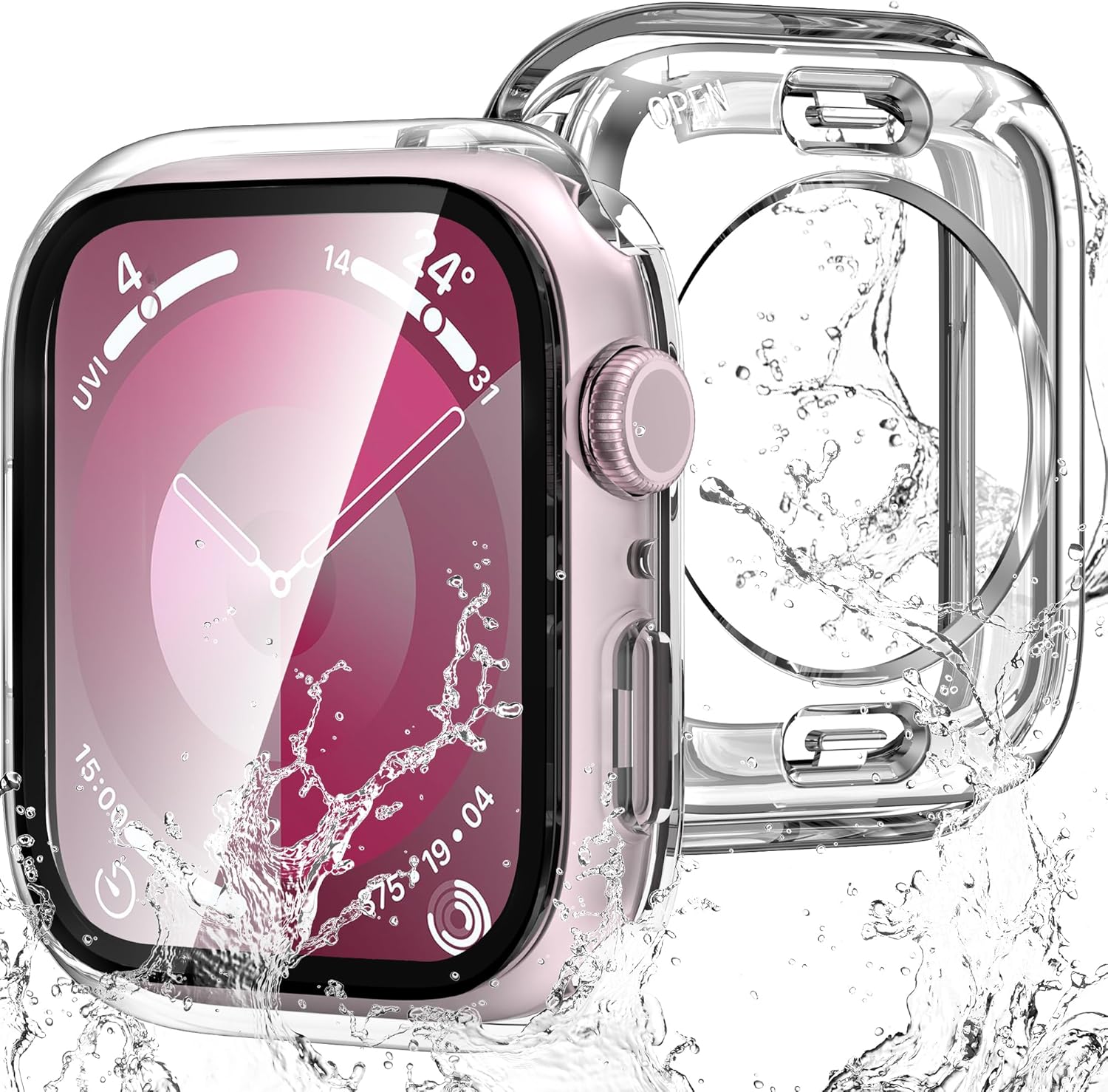 YMHML – Funda impermeable para Apple Watch Series 9 de 1.614 pulgadas, protector de pantalla de vidrio templado 360, cubierta frontal de