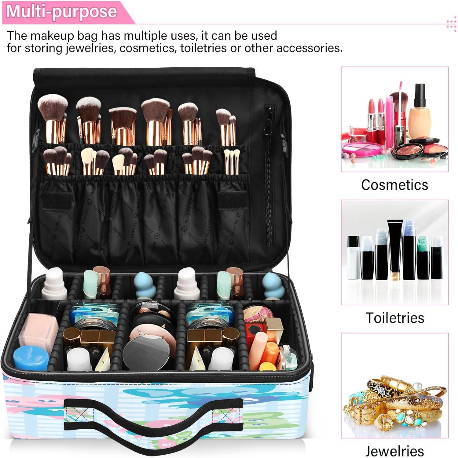 Elefante de dibujos animados a cuadros azul capacidad bolsa de cosméticos bolsa de aseo kit de viaje maquillaje bolsas de maquillaje mujeres bolsa