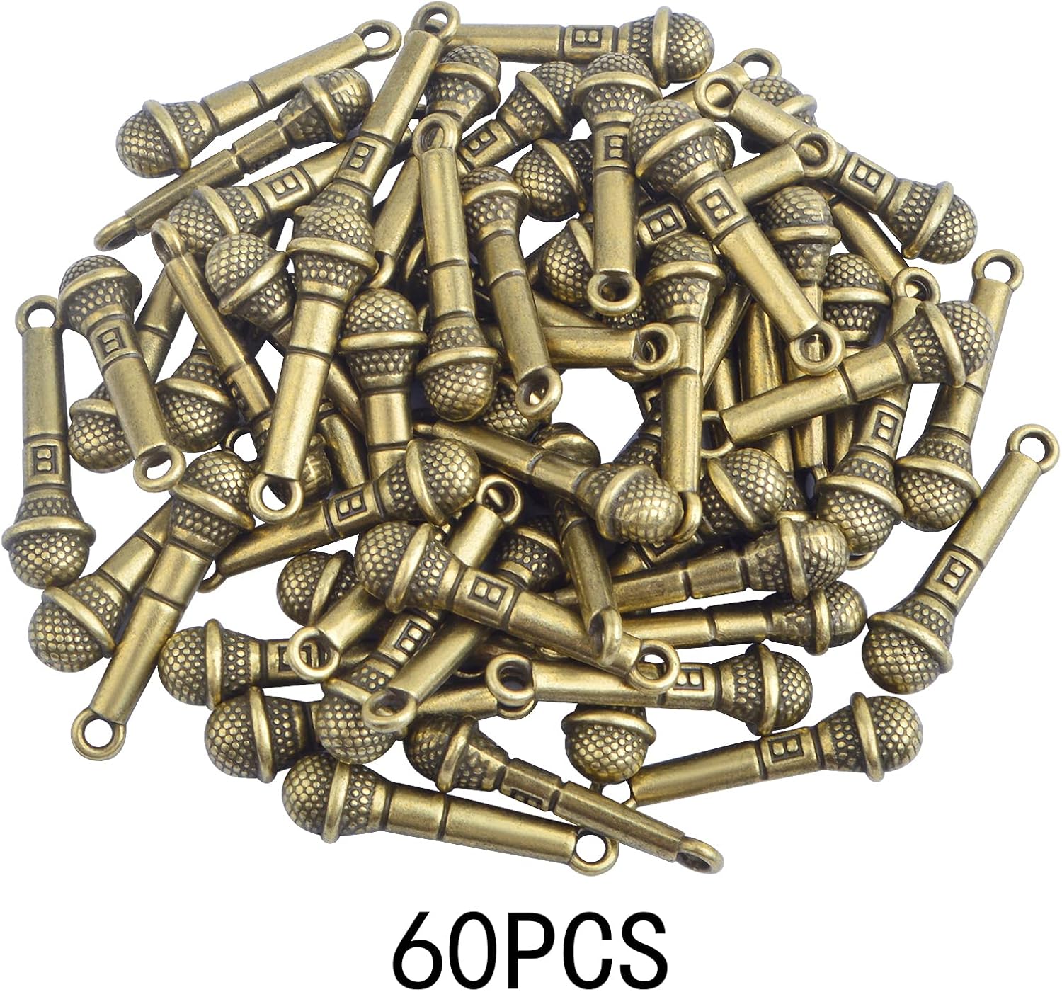 60 dijes de bronce antiguo con forma de micrófono, de aleación vintage, para micrófono, colgantes, suministros de manualidades para collares,