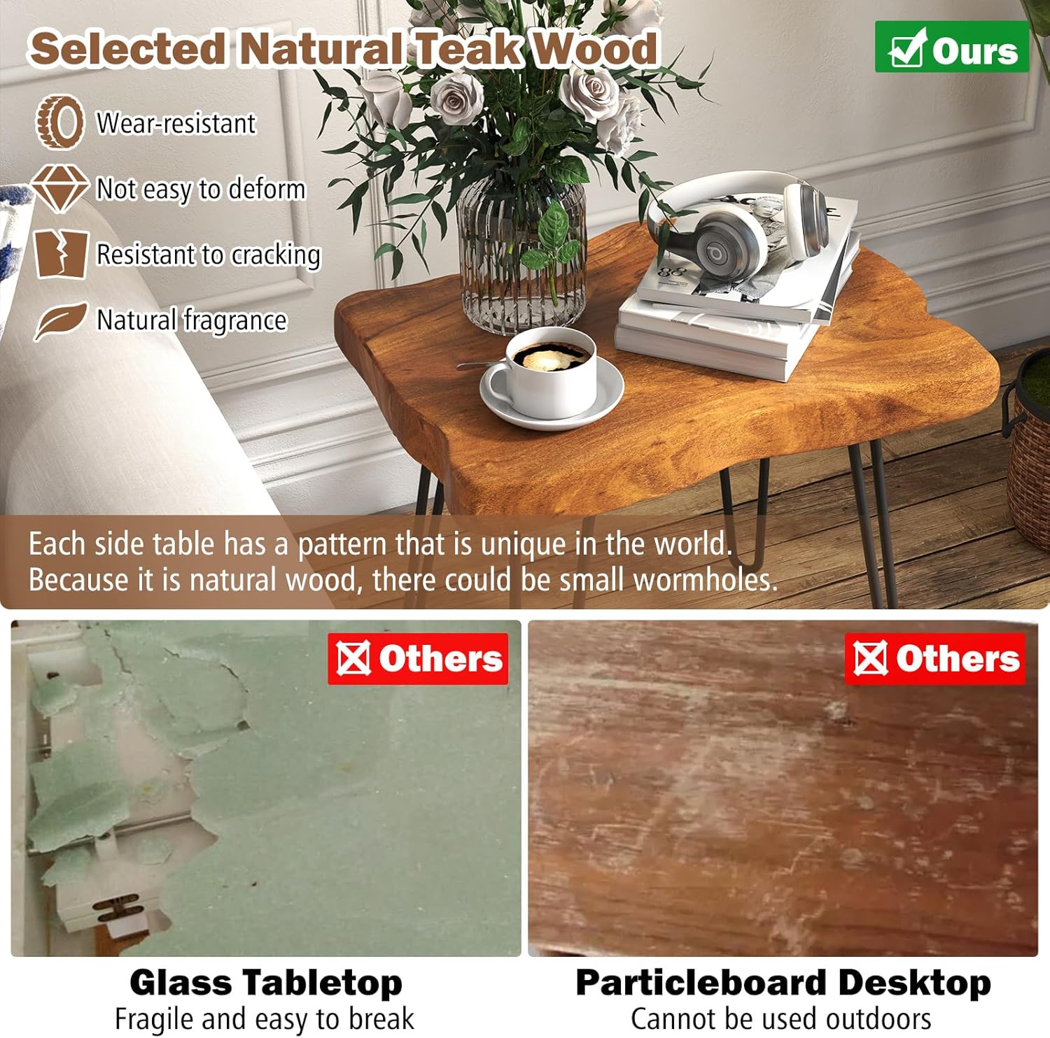 GOFLAME Mesa auxiliar rectangular, mesa auxiliar para interiores y exteriores con parte superior de madera de teca maciza y patas de metal, mesa de