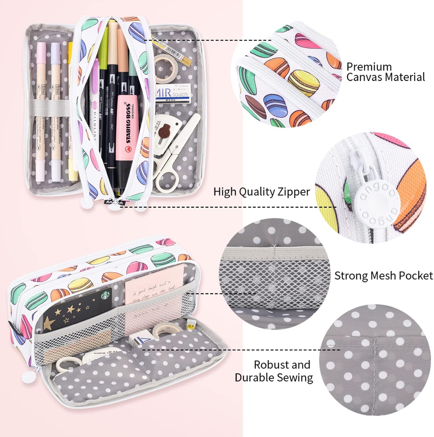 ANGOOBABY Estuche grande de gran capacidad, 3 compartimentos, de lona, para adolescentes, niños, niñas, estudiantes escolares (macarrón blanco)