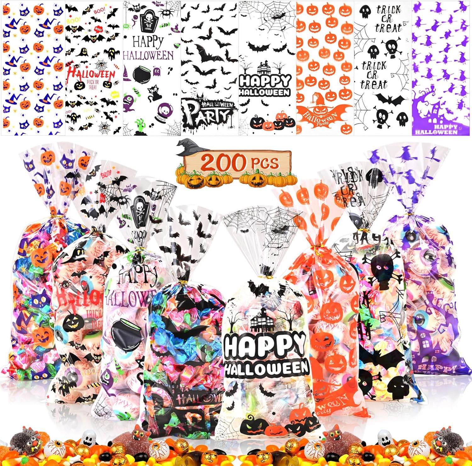 AhfuLife 200 bolsas de celofán de Halloween, 8 diseños de bolsas de dulces transparentes de Halloween para golosinas o tratos, bolsas de golosinas