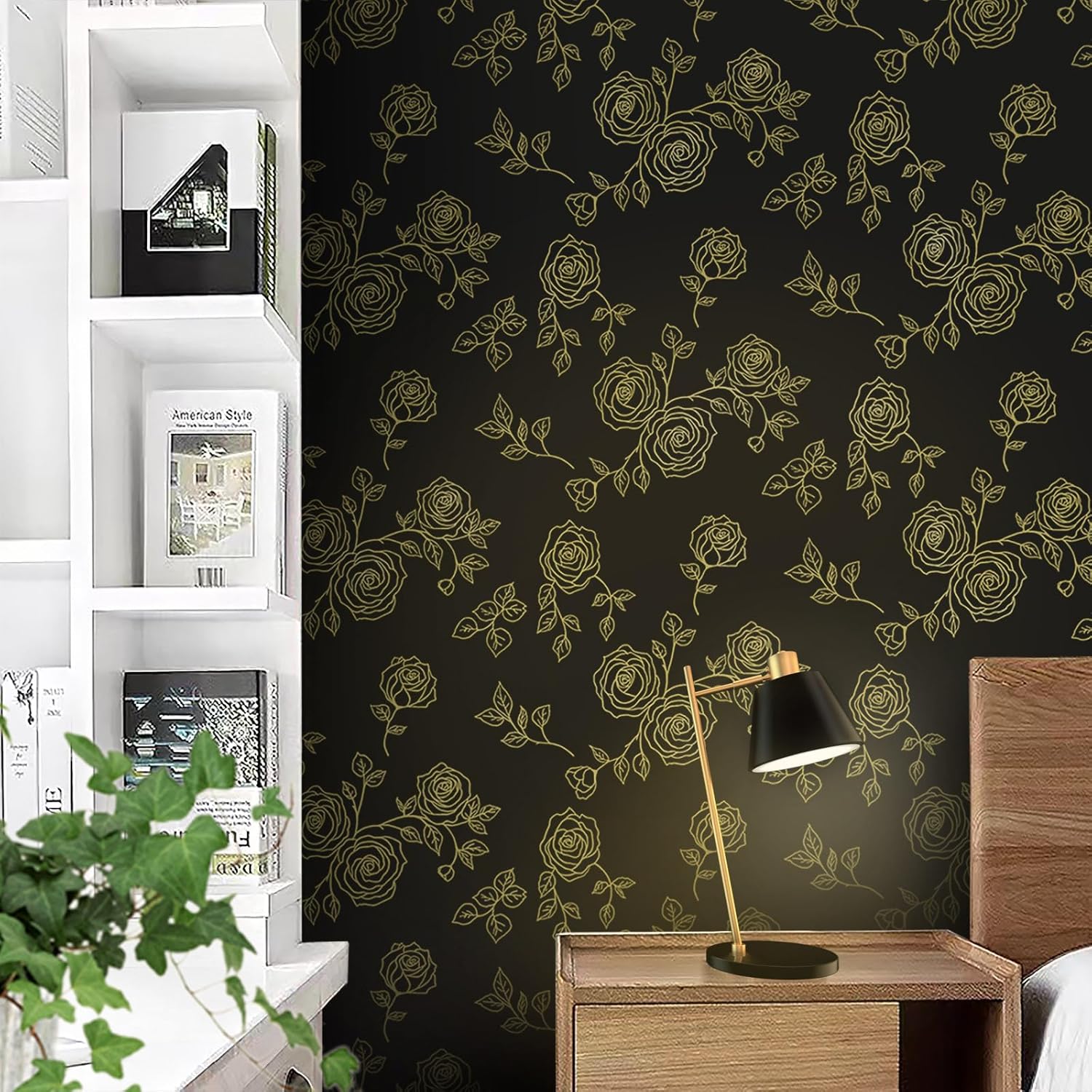 Yun-aeon Papel tapiz floral dorado y adhesivo de 17.3 x 300 pulgadas, papel de contacto moderno, geométrico, extraíble, autoadhesivo, para