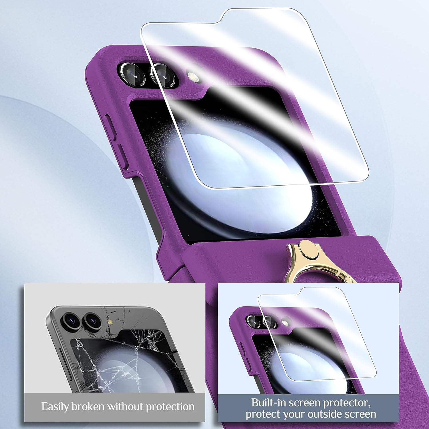 Funda para Galaxy Z Flip 5 con soporte de anillo, protección de bisagra, protector de pantalla de policarbonato duro, protección de cuerpo completo,