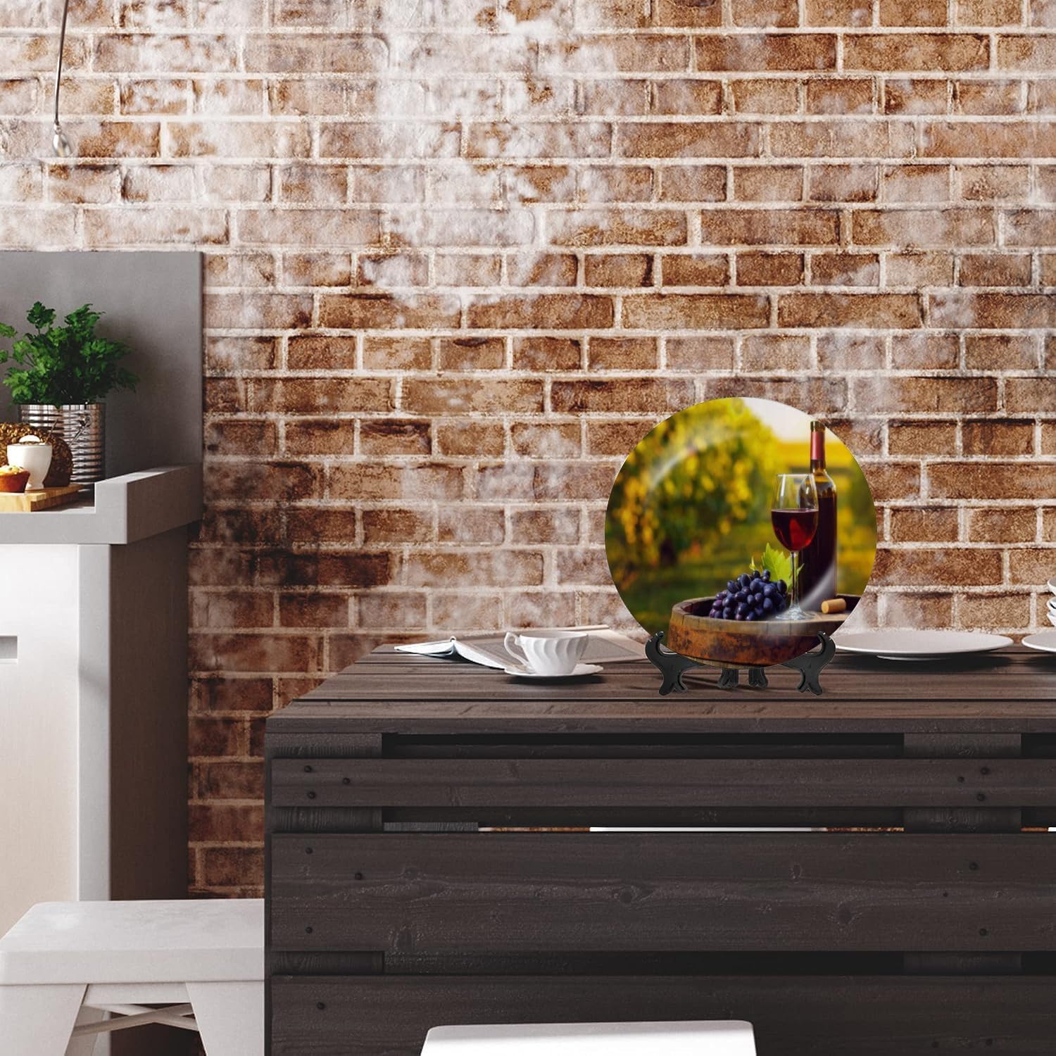 Placa de cerámica para colgar en la pared, copa de vino tinto, uva, barril de madera, pintura de viñedo, placa decorativa, plato de porcelana para