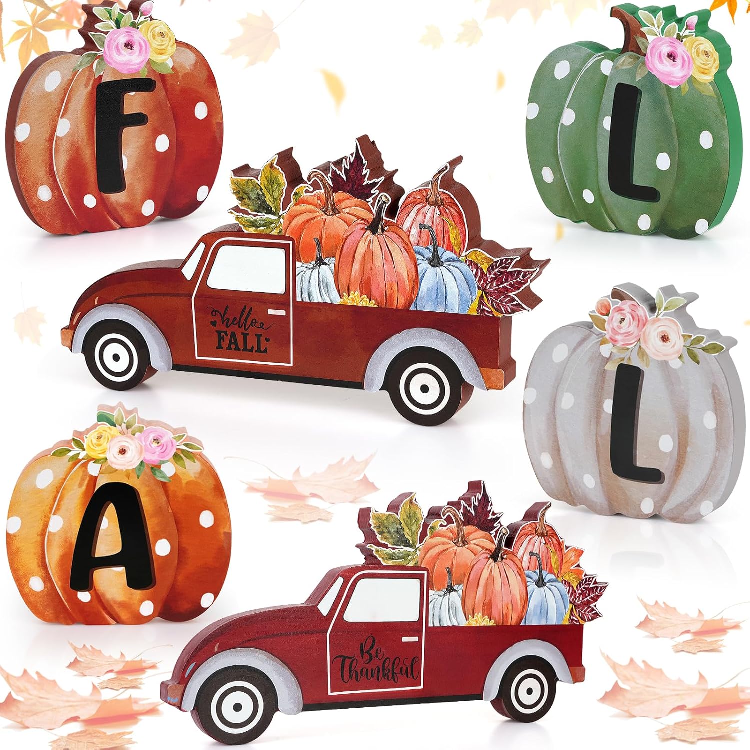 6 piezas de decoración de otoño para el hogar, letrero de madera con texto en inglés “Hello Fall”, calabaza, camión, arce, mesa de Acción de