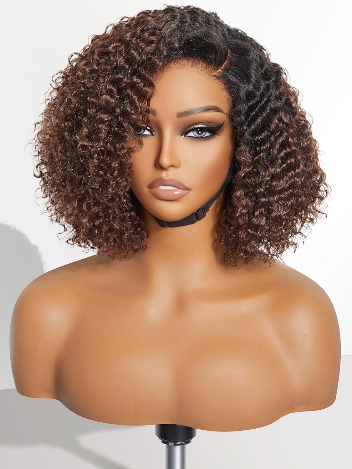 LUVME HAIR Peluca de cabello humano rizado de 10 pulgadas, precortada, sin pegamento, HD, con cierre de encaje, negro natural con raya lateral
