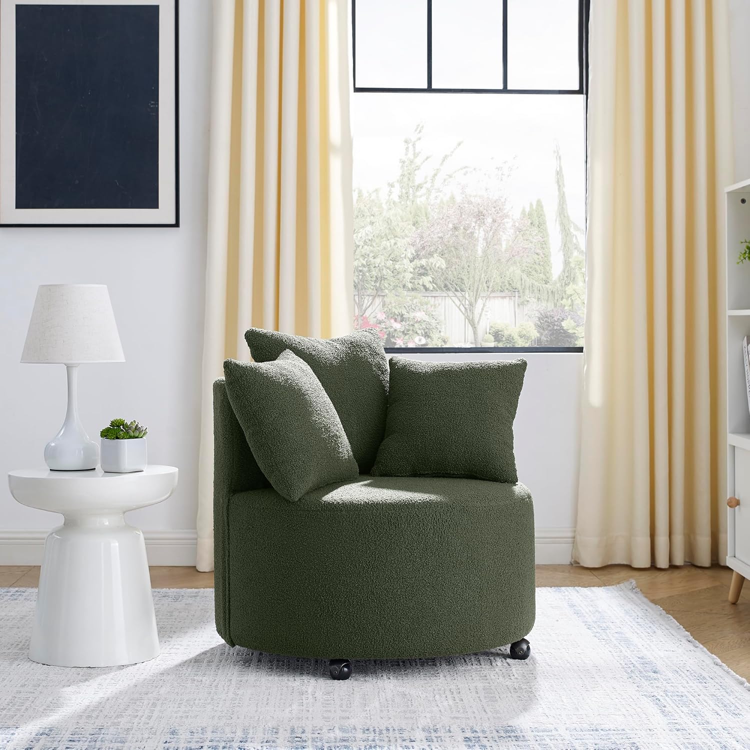 Ucloveria Silla giratoria redonda con ruedas móviles y 3 almohadas para sala de estar, dormitorio, verde