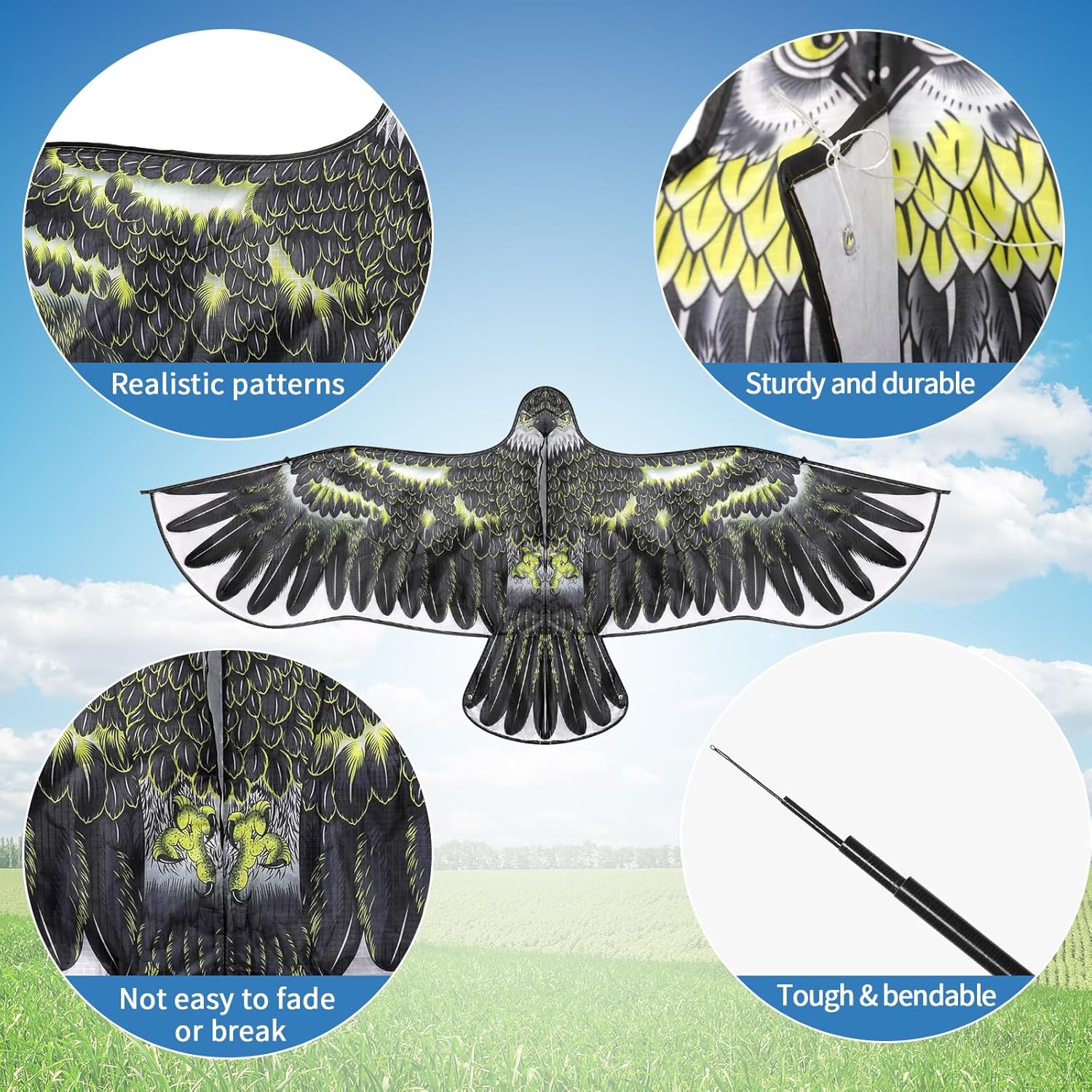 2 juegos de águila asustadora de pájaros, cometa voladora para pájaros, agricultura, protector de granja, dispositivo de miedo de águila simulada