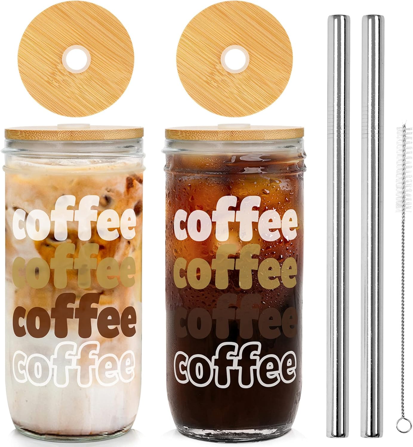 ANOTION Taza de café helado, tarro Mason con tapa y pajilla, vaso de boca ancha de 24 onzas, vasos reutilizables para beber batidos y agua, botellas
