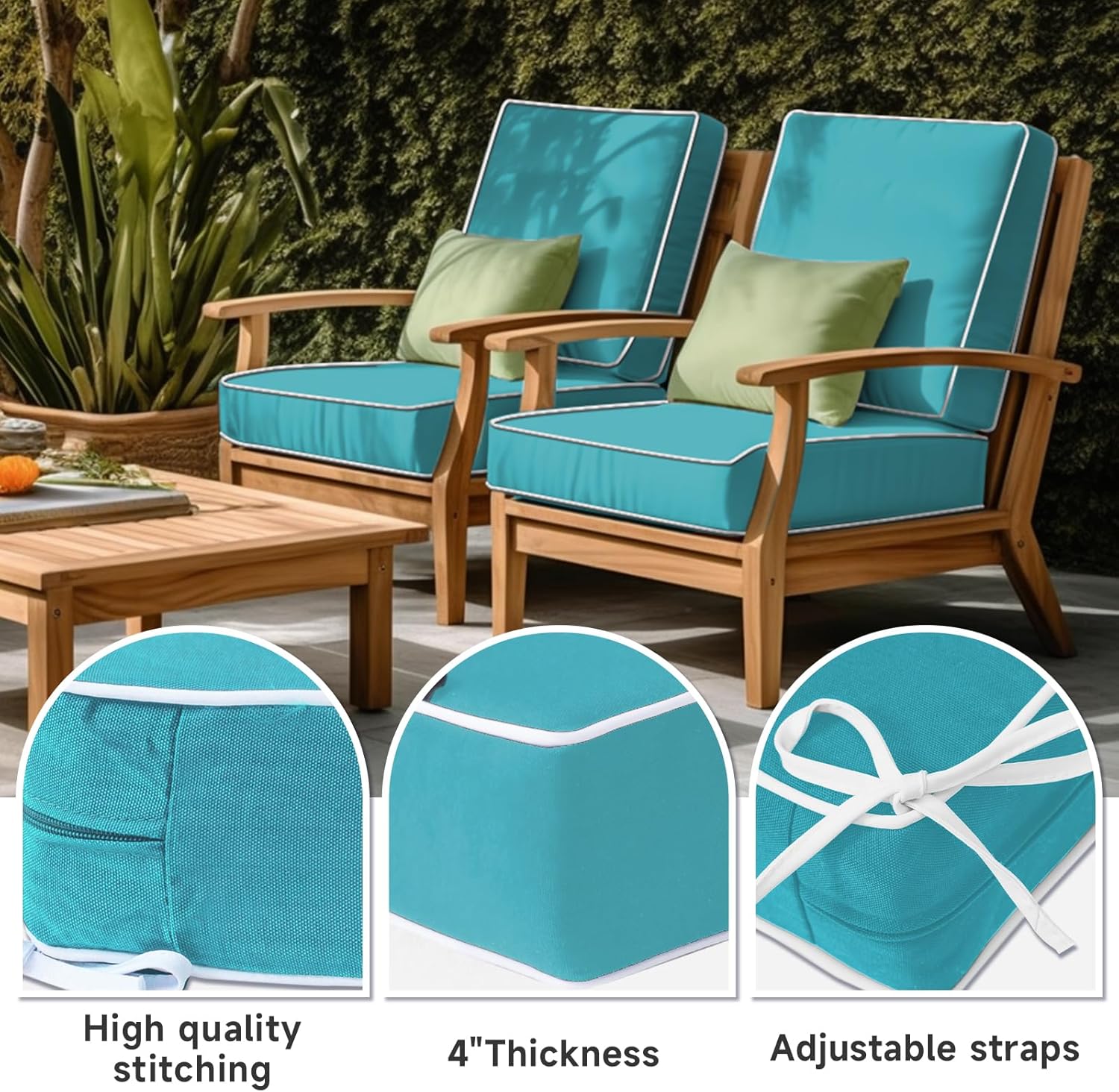 Paquete de 2 cojines para silla de exterior de 20 x 20 x 4 pulgadas, cojines de asiento impermeables para exteriores con lazos antideslizantes, azul
