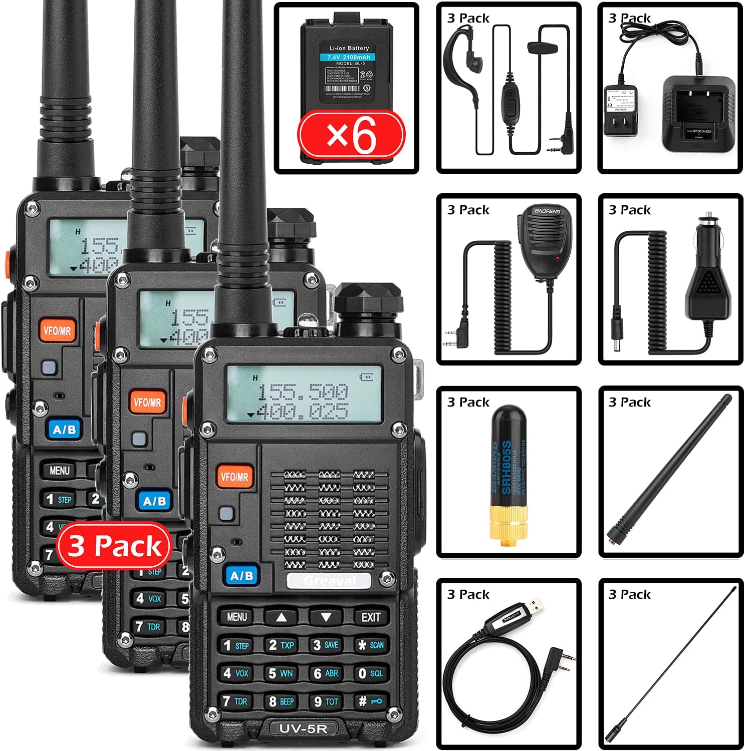 Paquete de 3 radioaficiones de mano (UV-5R) de largo alcance UHF VHF de doble banda de 2 vías con batería recargable de iones de litio Walkie