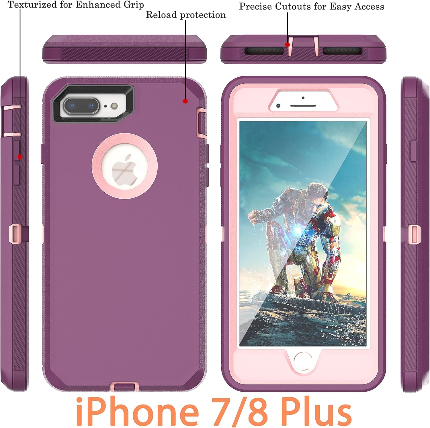 YmhxcY Funda para iPhone 8 Plus, iPhone 7 Plus con protector de pantalla integrado a prueba de caídas, 3 capas, funda duradera, a prueba de golpes,