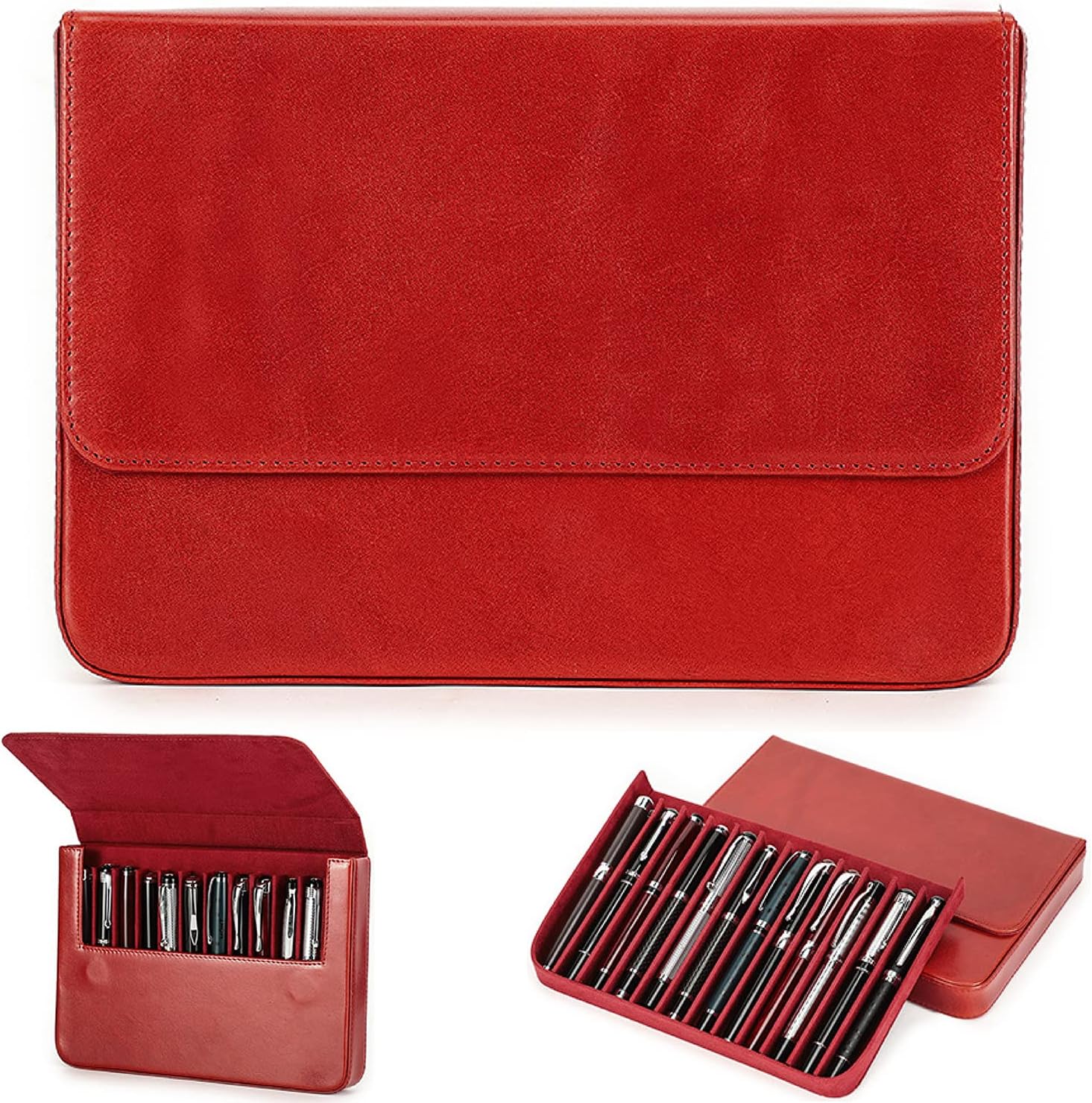 CataPurus Top Grain – Estuche organizador de cuero genuino para 12 bolígrafos y lápices, diseño minimalista sólido, hecho a mano, cierre magnético