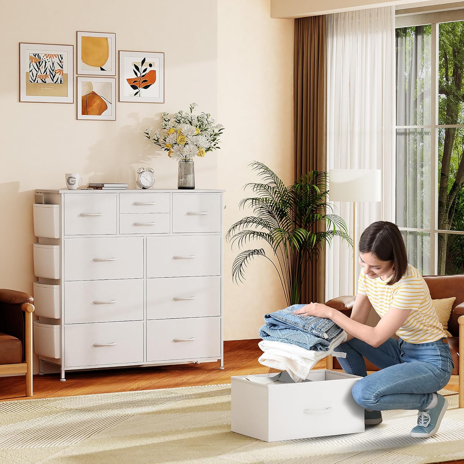 Cómoda de 10 cajones, cómoda para dormitorio, cómoda de poliuretano con bolsillos laterales, ganchos, parte superior de madera y marco de metal