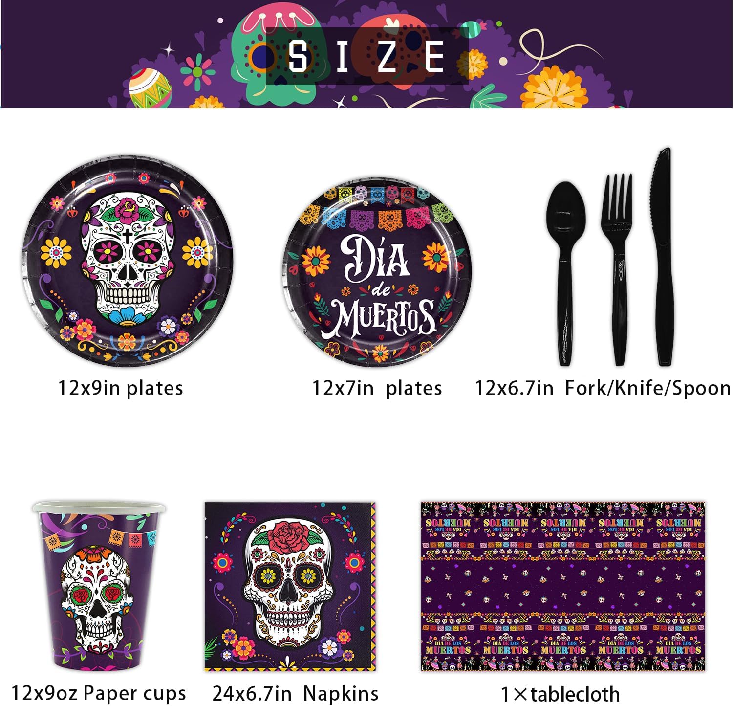 USERTEN 97 piezas de suministros de decoración de fiesta del Día de los Muertos con calavera de azúcar, juego de vajilla mexicana para 12 invitados,