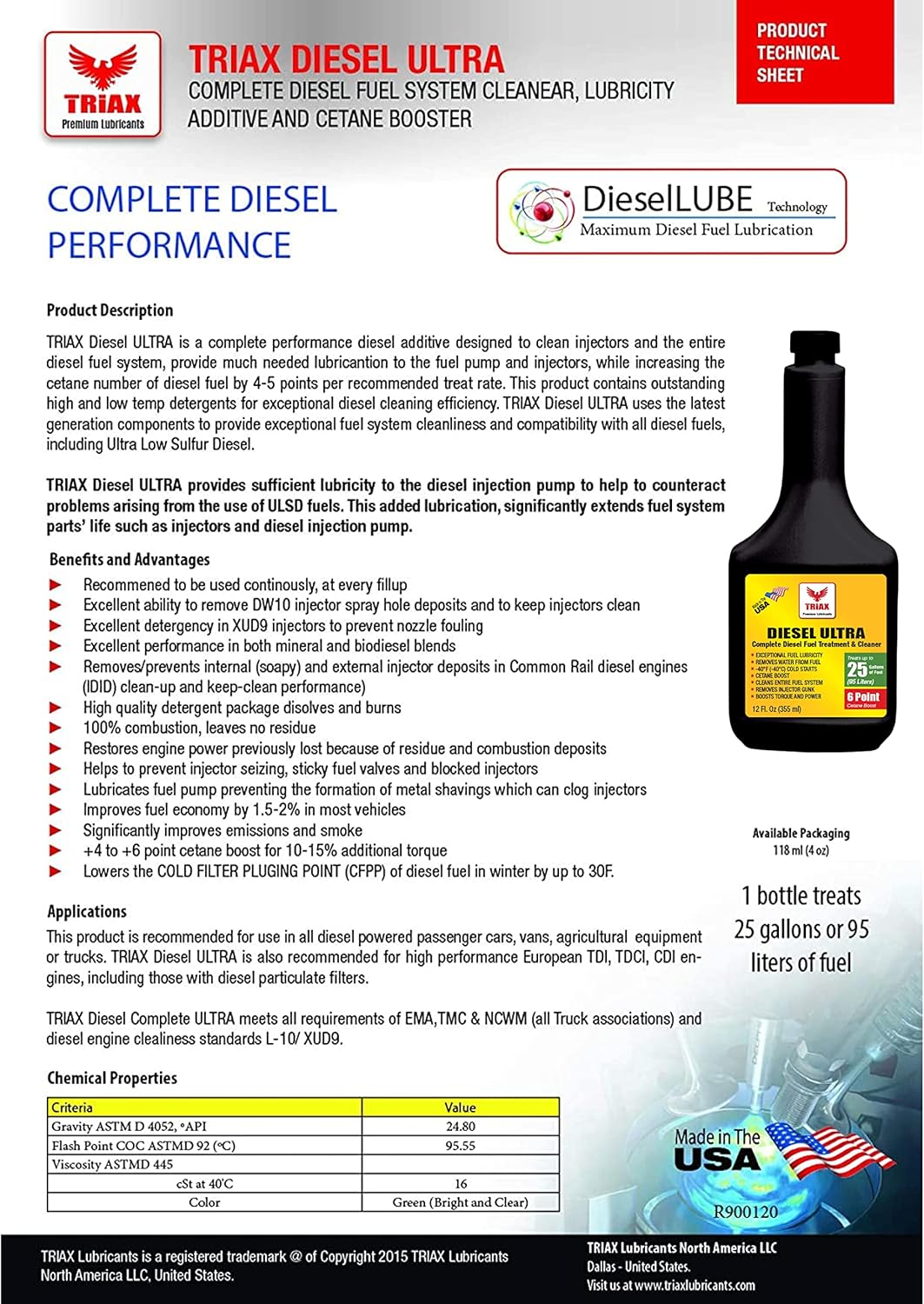 Triax Tratamiento y limpiador Diesel Ultra Fuel para aumentar la lubricidad de combustible, refuerzo MPG, limpieza completa de diésel, tratamiento