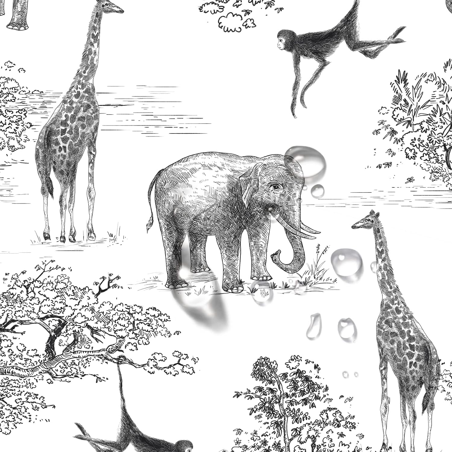 Papel tapiz autoadhesivo con diseño de jirafa y elefante, color negroblanco, para habitación de los niños, papel tapiz de animales del bosque, papel
