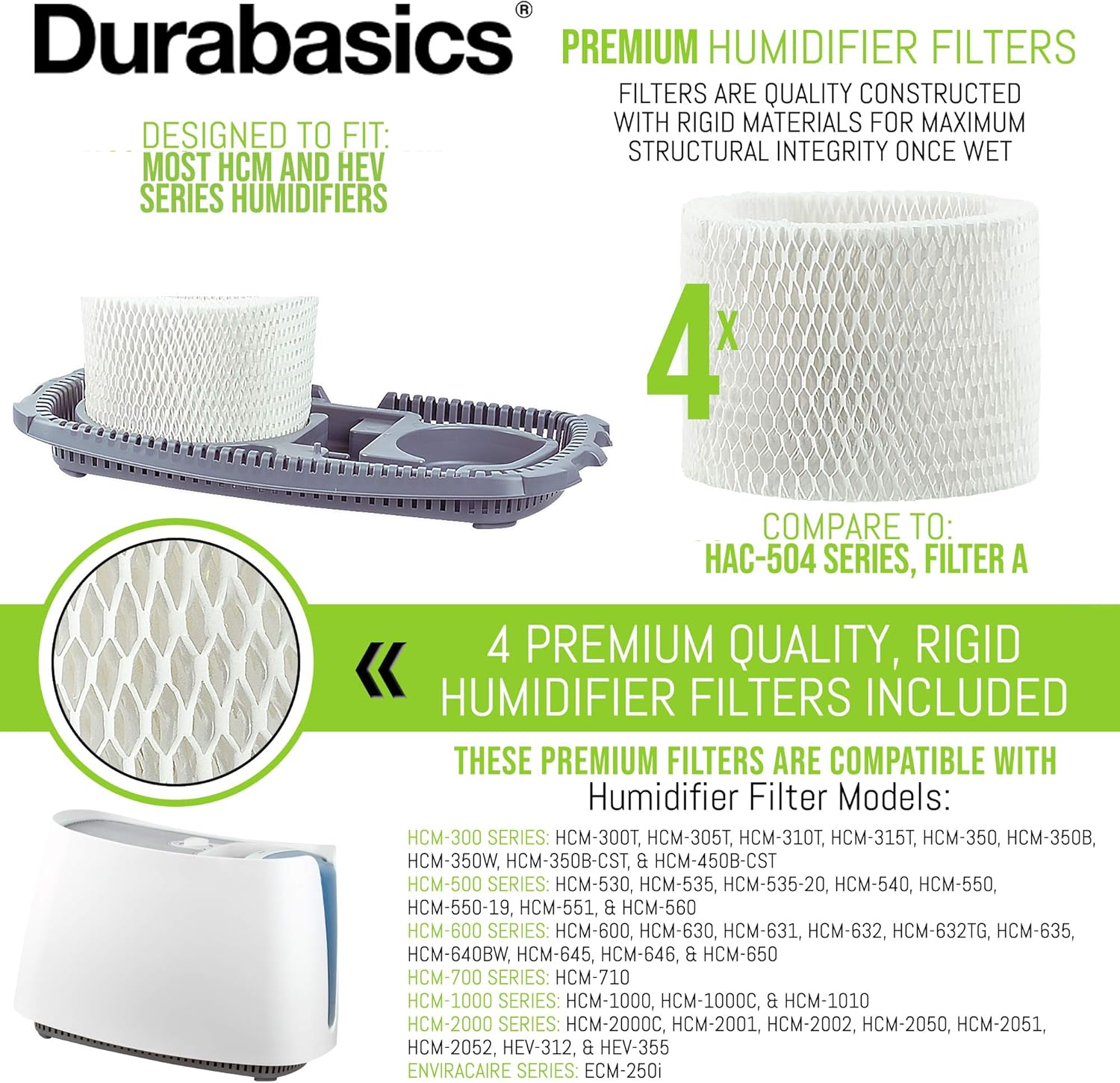 Durabasics Paquete de 4 filtros humidificadores de alta calidad compatibles con el filtro humidificador Honeywell HAC-504, HAC-504AW y Honeywell