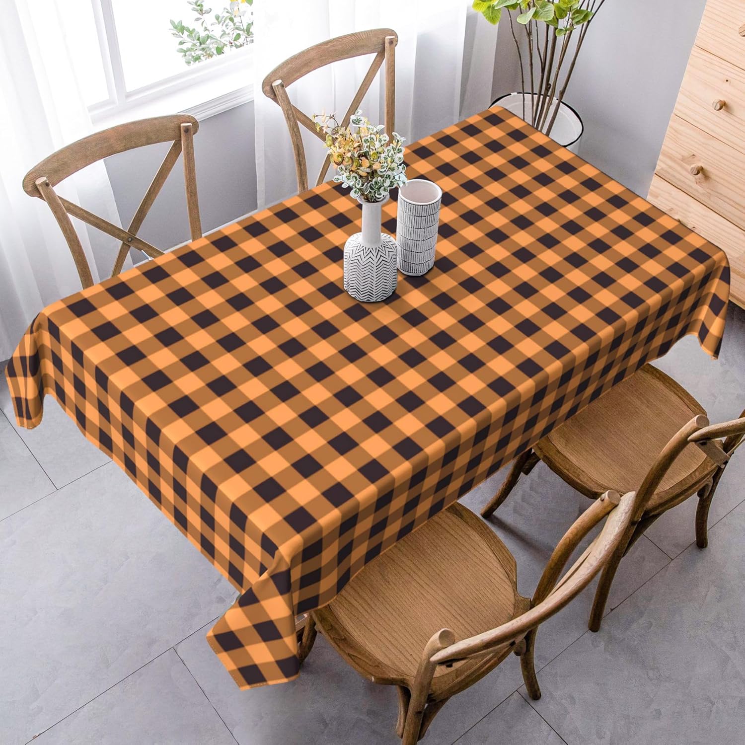 Mantel rectangular de Navidad a cuadros  60 x 84 pulgadas, oblongo naranja y negro a cuadros para Acción de Gracias, otoño e invierno, repelente al