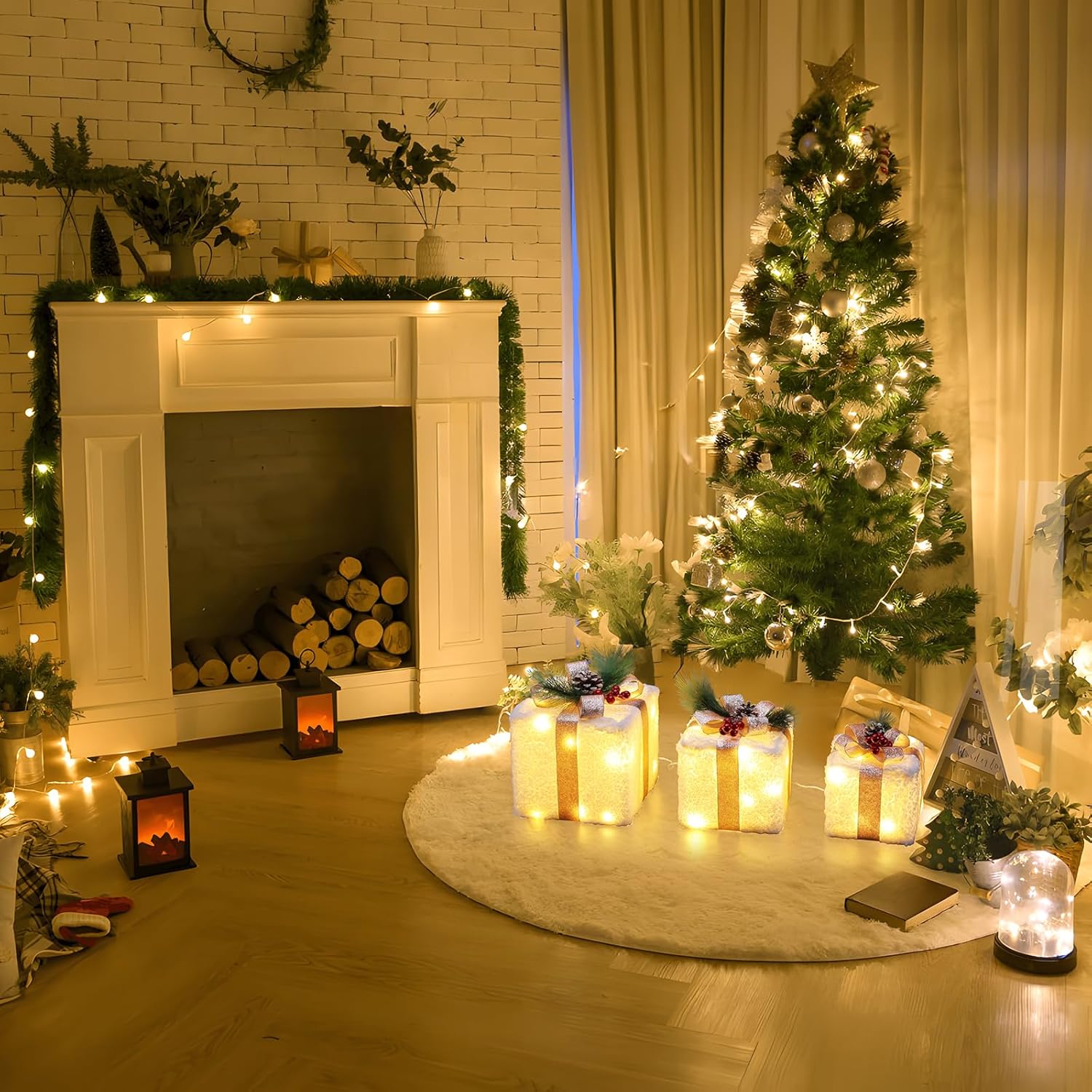 Decoraciones de Navidad para interiores, cajas de regalo iluminadas de Elegear Navidad, 8 modos y función de temporizador, juego de 3 cajas de