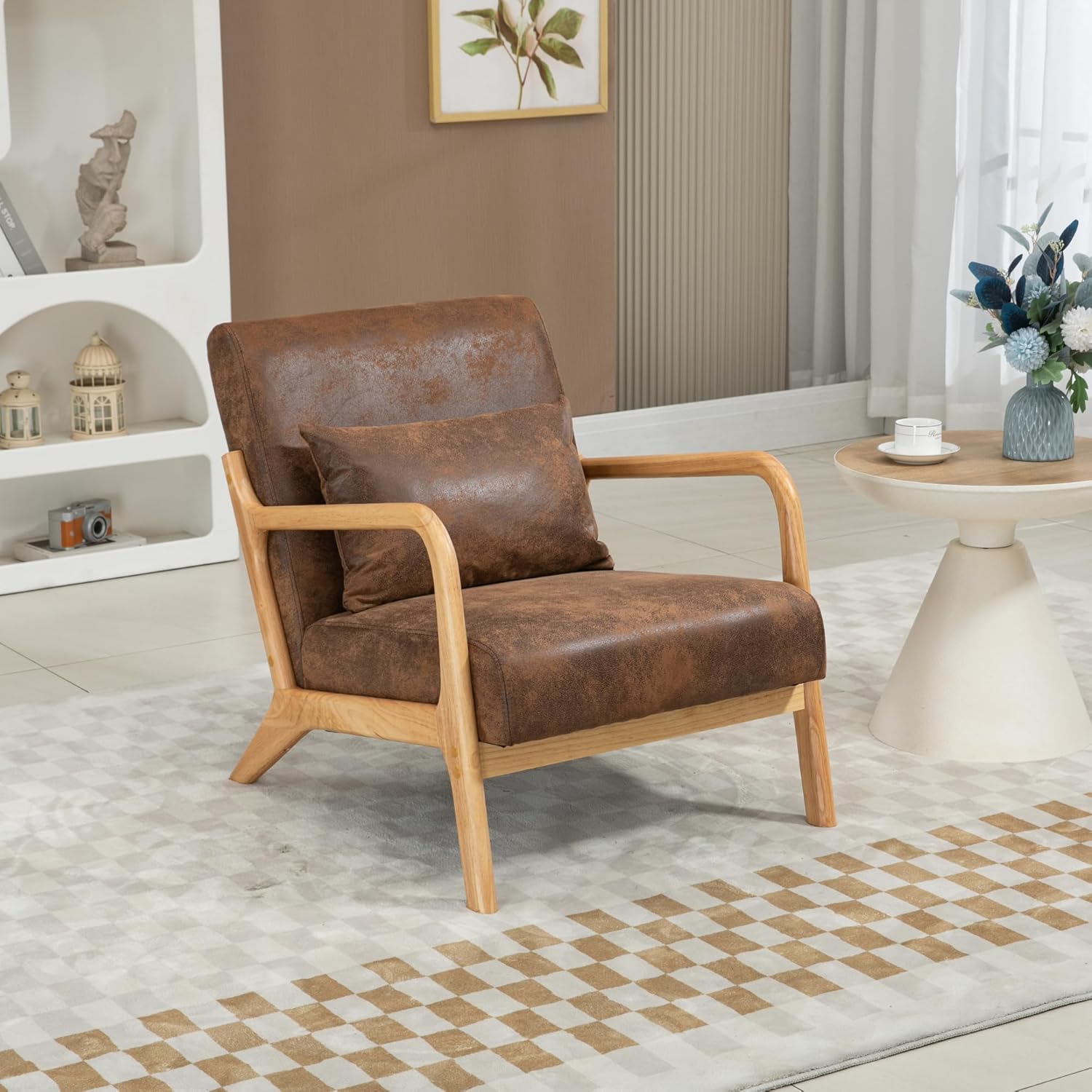 JUUXO Silla decorativa moderna Mid-Century marco de madera maciza con cojín lumbar tapizado, diseño versátil y minimalista para sala de estar,