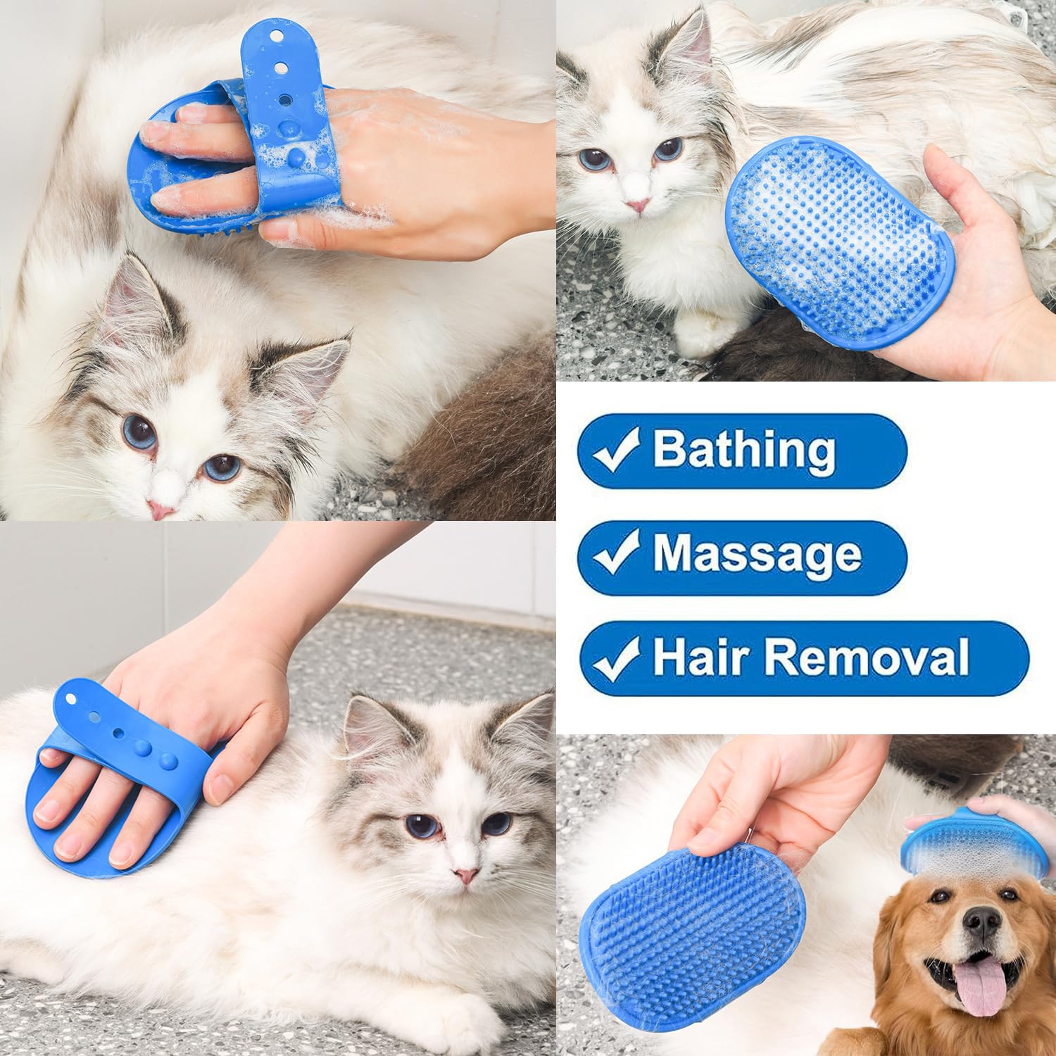 Cepillo de aseo para gatos  Cepillo de baño de silicona para gatos y perros, cepillo de baño para perros y gatos, 3 cepillos limpiadores de pelo de