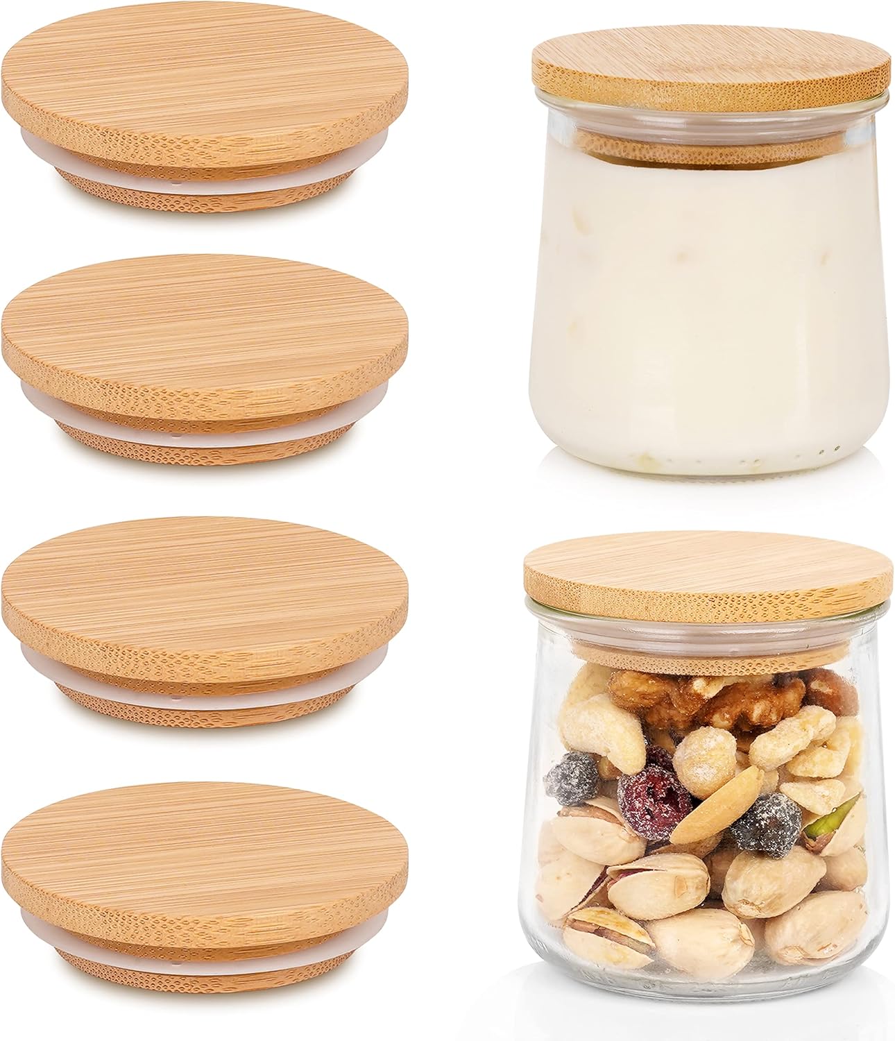 Oui – Juego de tapas para tarros de yogur Oui, tapas de madera para tarros de yogur Oui, tapas de tarros de yogur Oui con anillos de sellado de