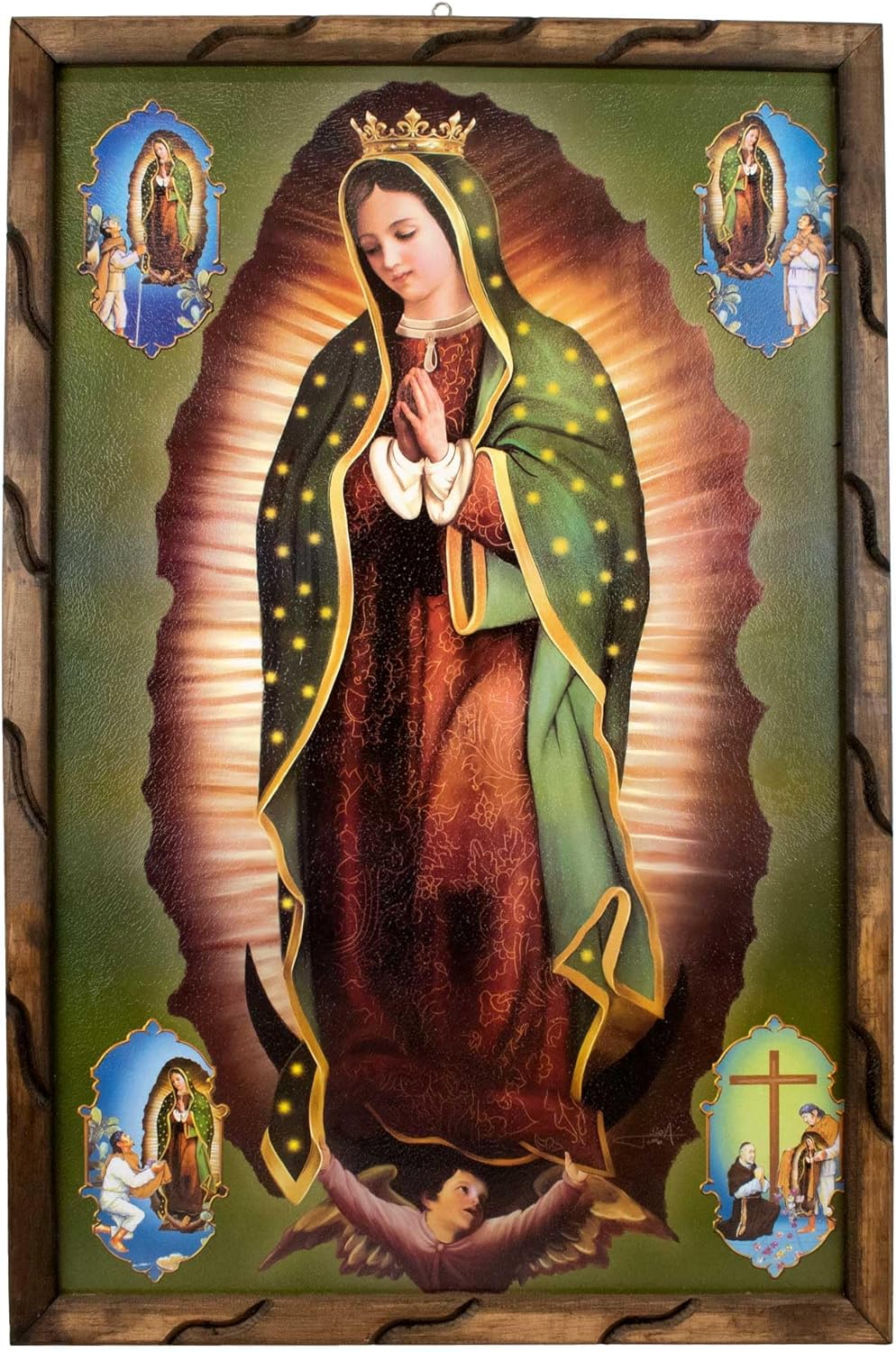 Mrcjsales imagen de Nuestra Señora de Guadalupe con imágenes en la esquina en marco rústico, pintura al óleo, 24 x 36 pulgadas, 13 x 18 pulgadas, 10
