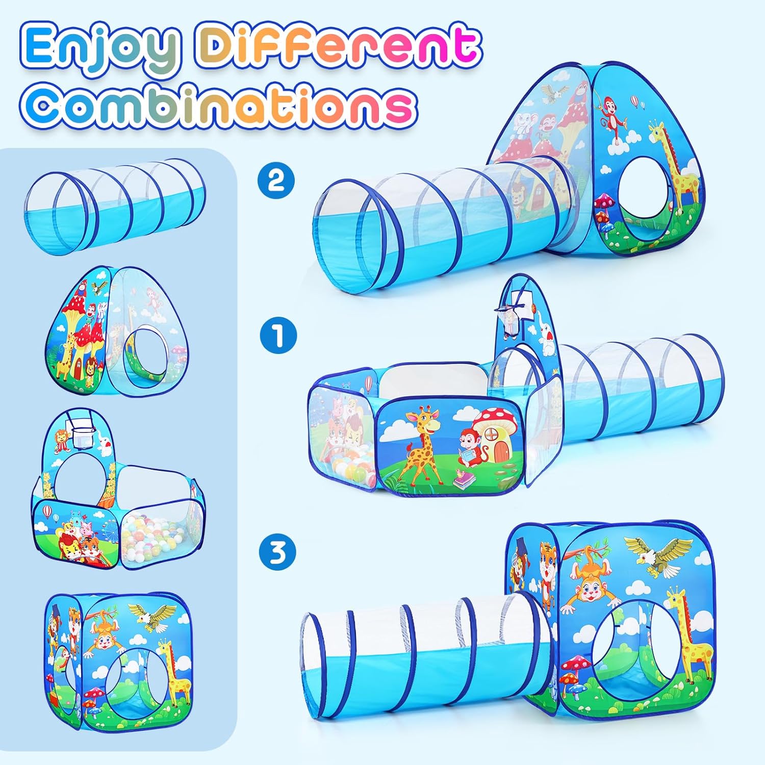 Tienda de campaña de juego para niños pequeños de 5 piezas con 1 hoyo de pelotas de bebé, 2 túneles de gateo para bebés, 2 tiendas de campaña