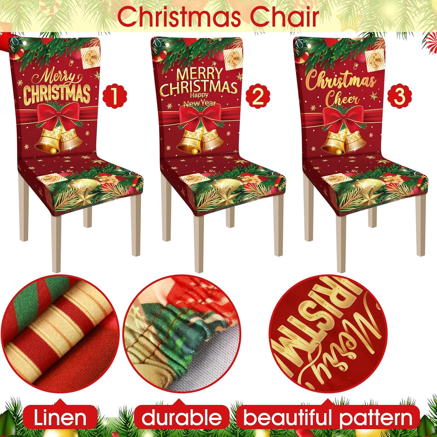 Ganeen 6 fundas navideñas para sillas de Navidad, cubierta trasera para silla, funda elástica para asiento de Navidad, lavable, para comedor,