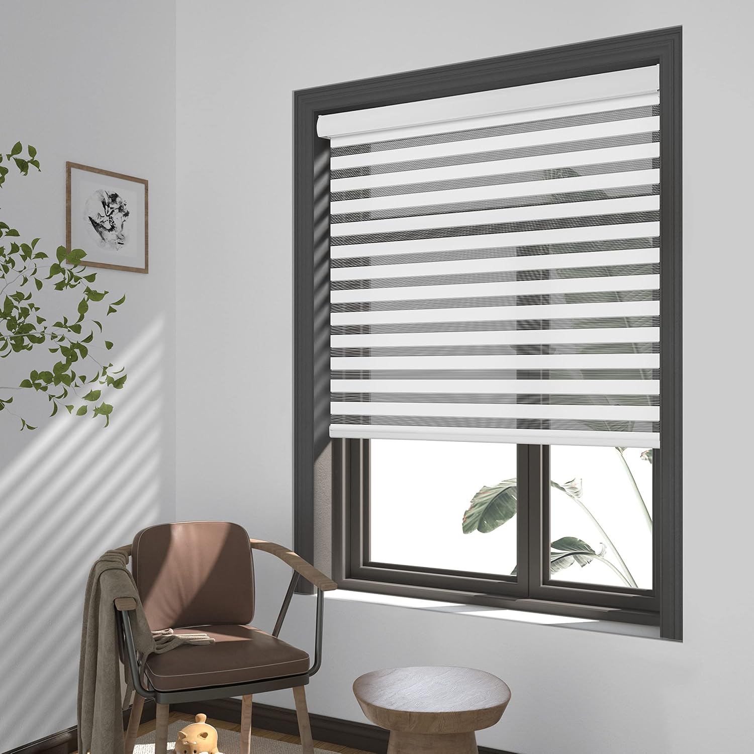 Boolegon Persianas de cebra con cable para ventanas, persianas de doble capa para día y noche, control de luz transparente o de privacidad,