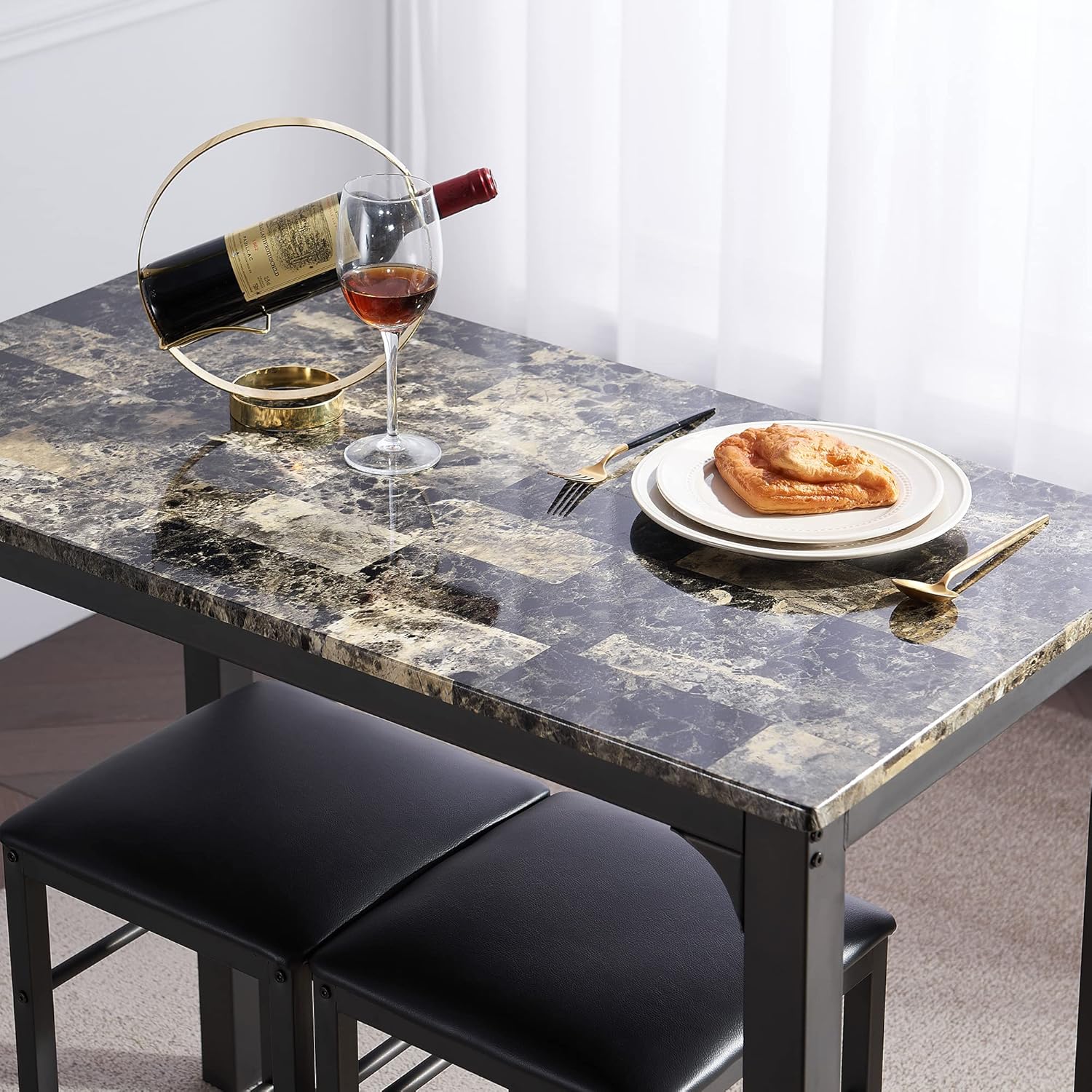 VECELO Taburetes de mesa de bar, 3 piezas rectangulares de altura de cocina, pub, mesa, sala de estar, bistró, juego de comedor para 2, negro retro
