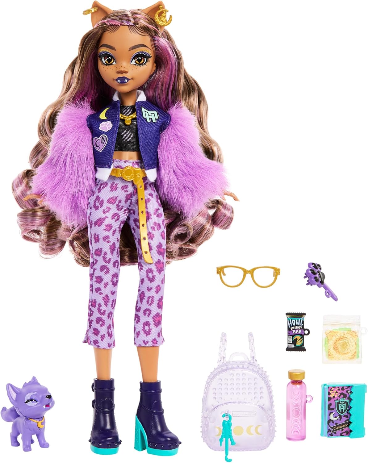 Monster High Muñeca Lobo Clawdeen con media luna de perro y accesorios como mochila, planificador, aperitivos y más